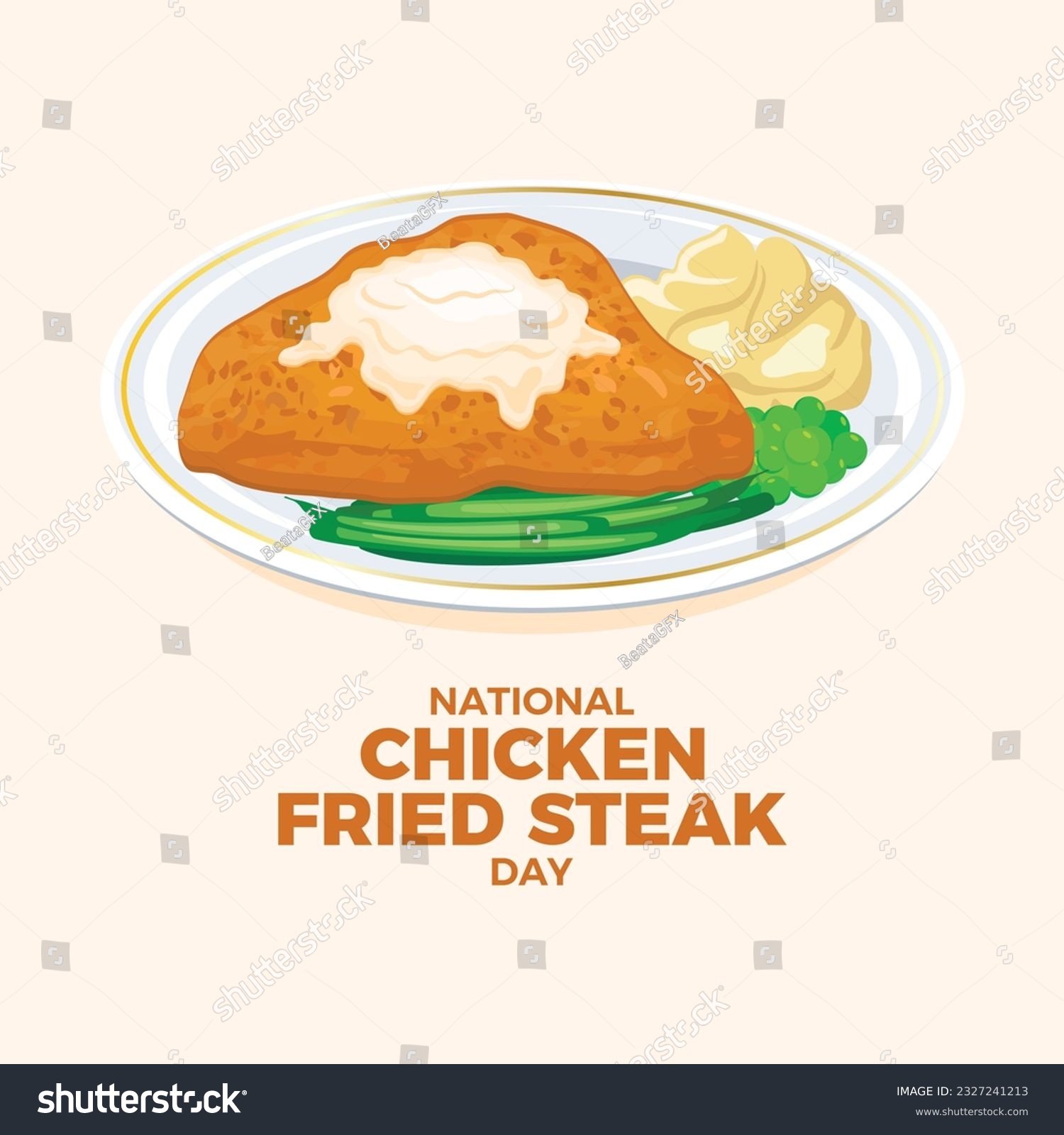 SVG of National Chicken Fried Steak Day vector illustration. Fried steak with mashed potatoes, peas and green beans icon vector. Fried chicken cutlet with creamy gravy on a plate drawing. October 26 svg