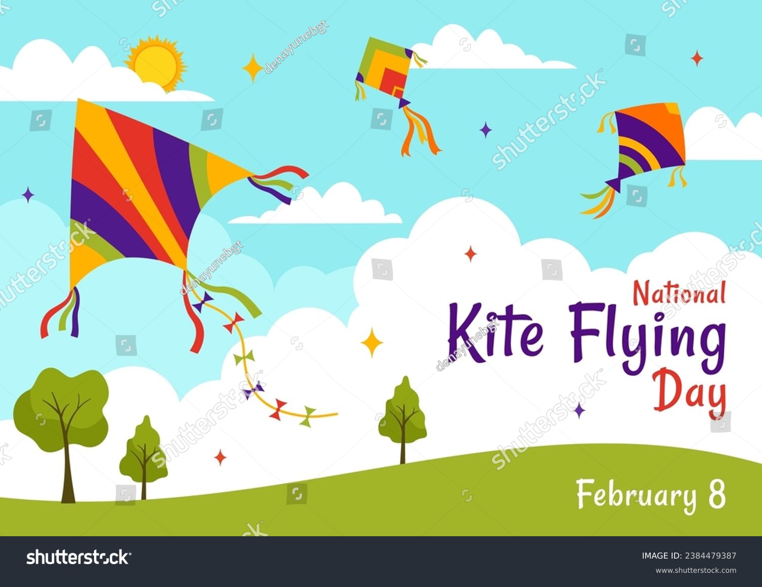 SVG of National Kite Flying Day Vector Illustration on February 8 of Sunny Sky Background in Summer Leisure Activity in Flat Cartoon Background Design svg