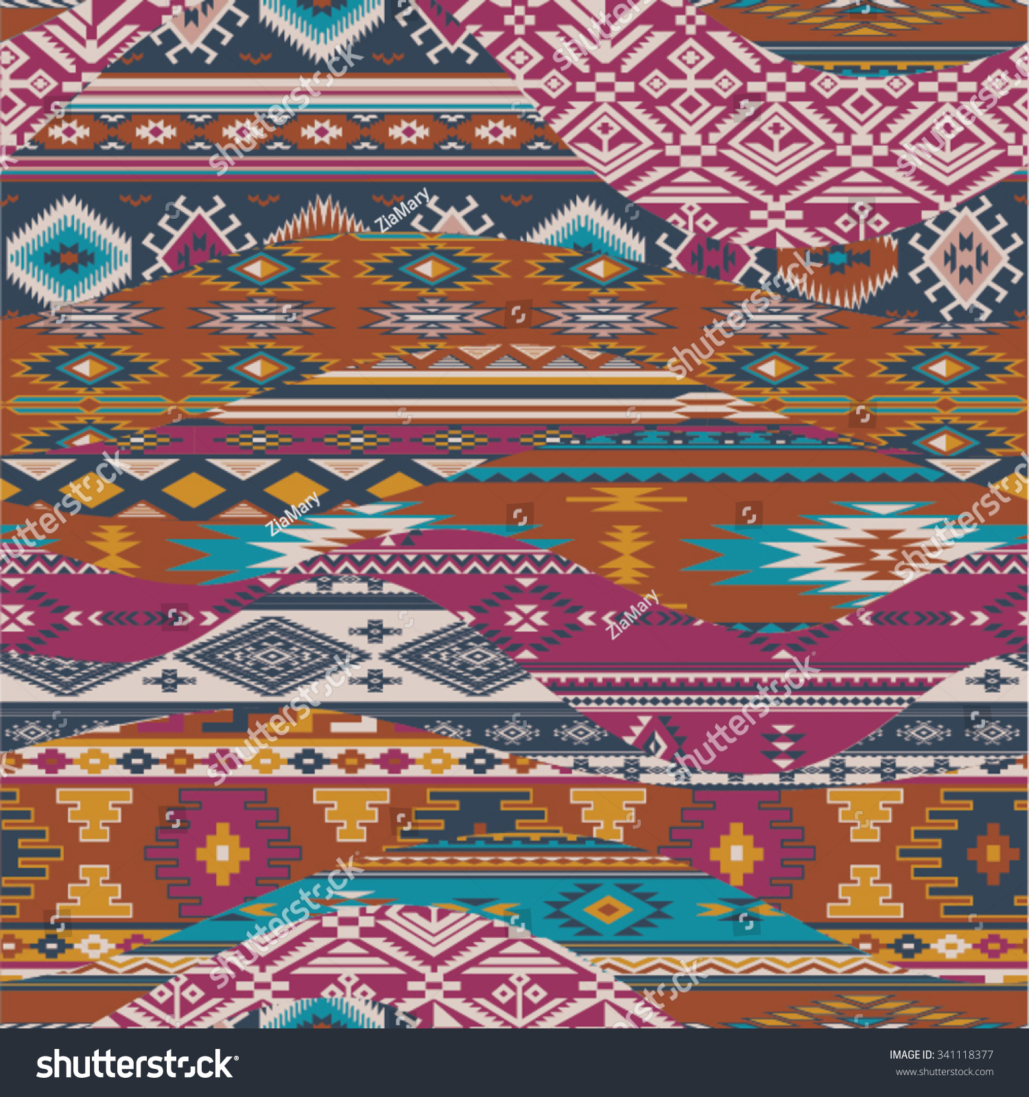 Native American Waves Patchwork, Vector Seamless Patterns In Custom ...