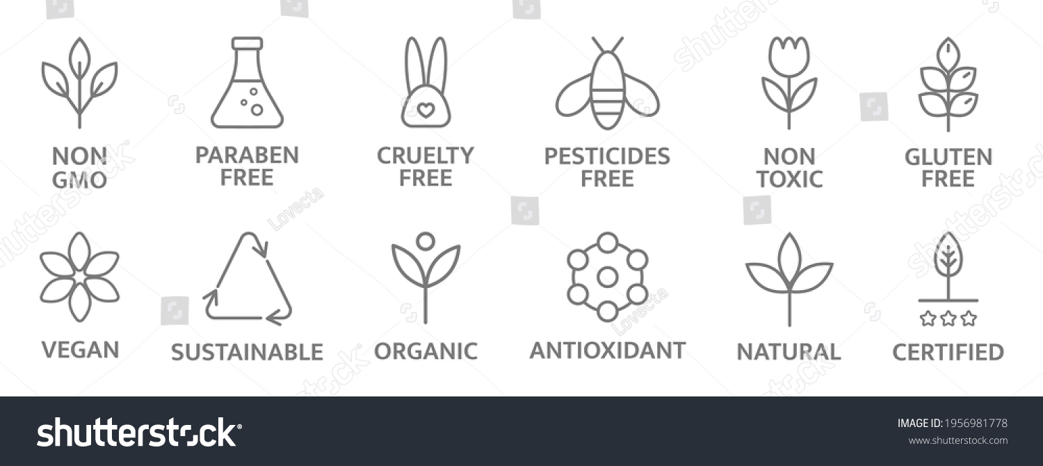 SVG of Natural and organic cosmetic line icons. Allergen free badges. Non toxic logo. Skincare symbol. Beauty product. Gluten and paraben free cosmetic. Eco, vegan label. Sensitive skin. Vector illustration. svg