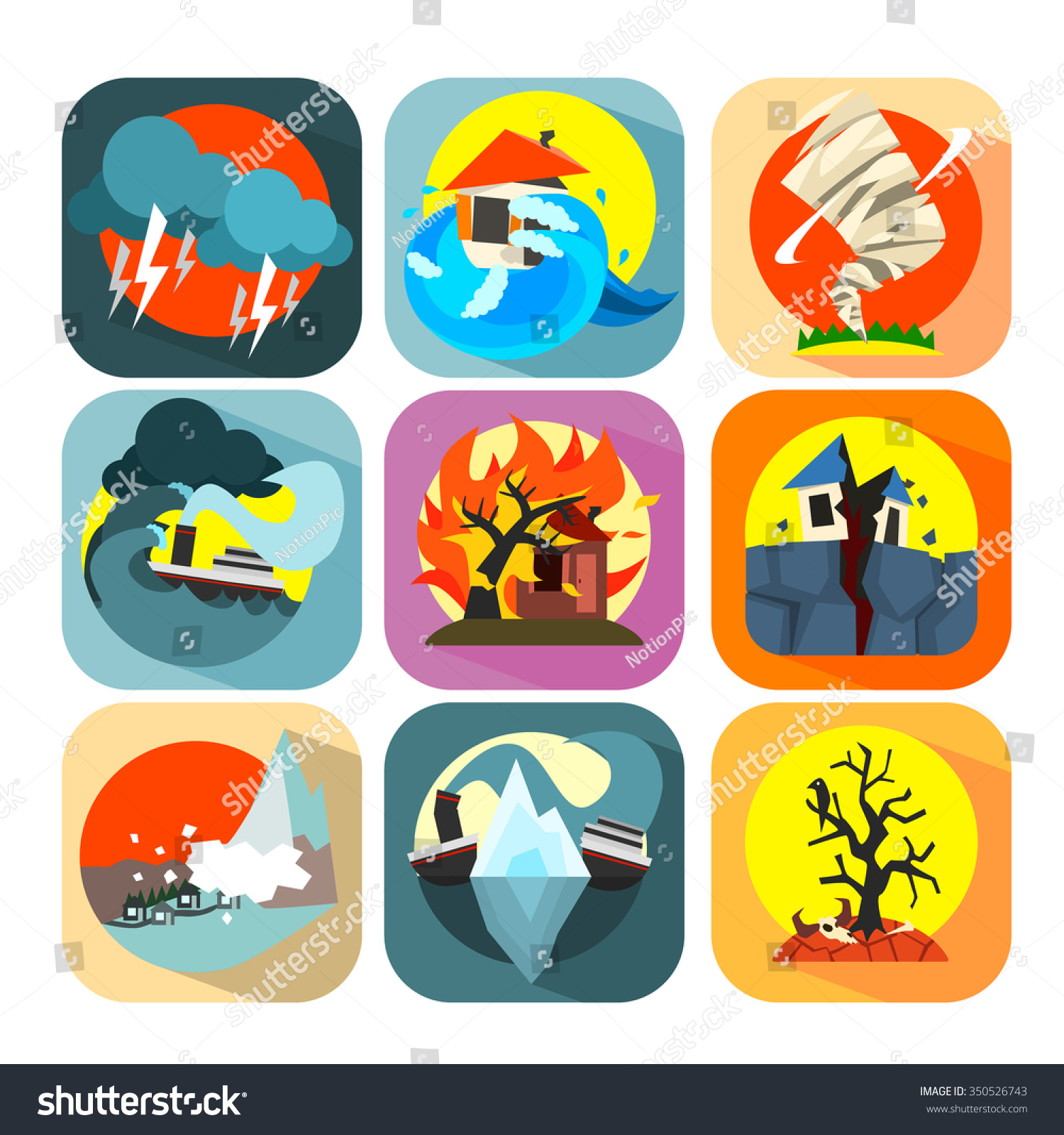 Natural Disaster Catastrophe Crisis Icons Flat Stock Vector (Royalty ...