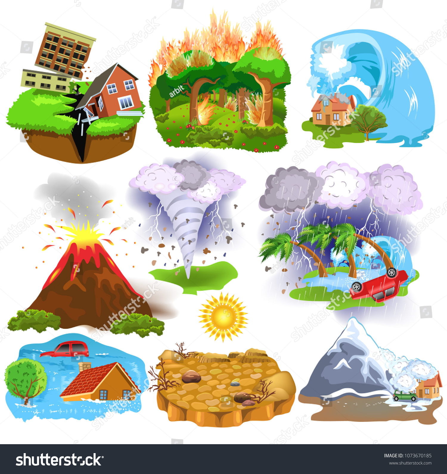 Natural Disasters Icons Like Earthquake Tsunami Nature Stock Image
