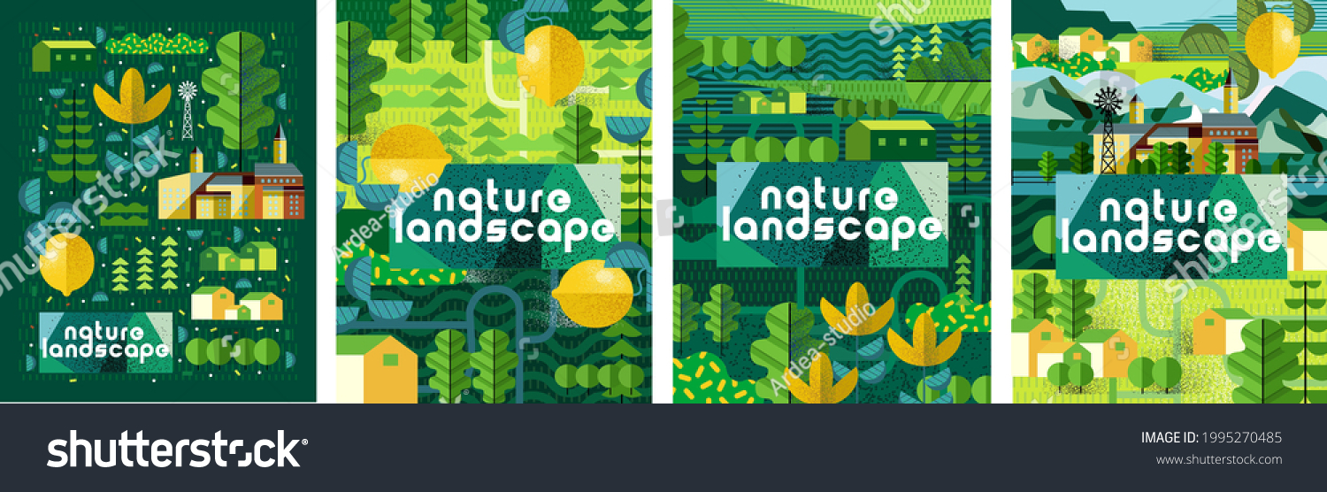 SVG of Nature and landscape. Vector art abstract illustration of village, trees, bushes, lemon, flowers, houses for poster, background or cover. Agriculture and garden svg
