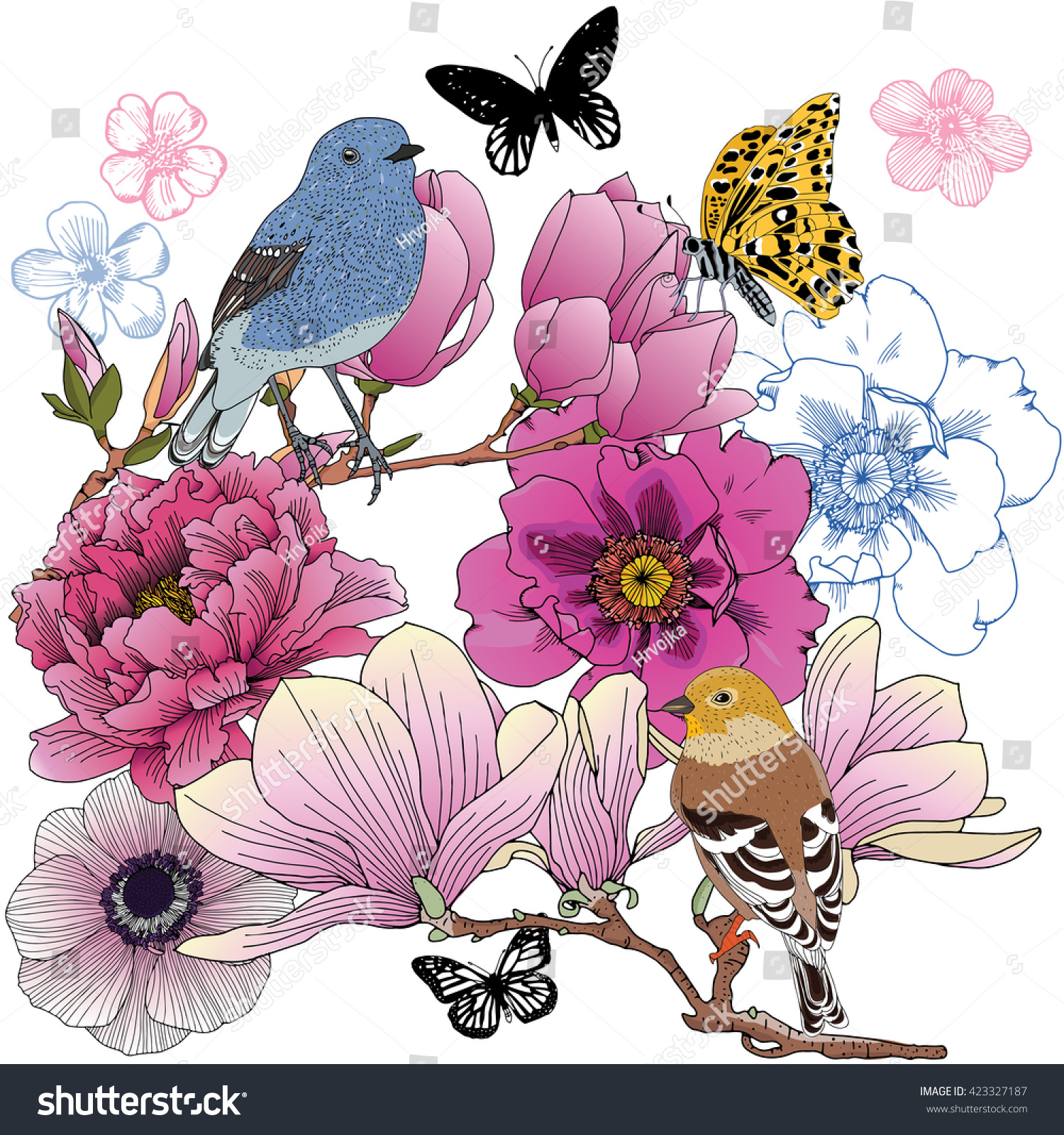 Nature Flowers Birds Butterflies Vector Drawing Stock Vector Royalty Free
