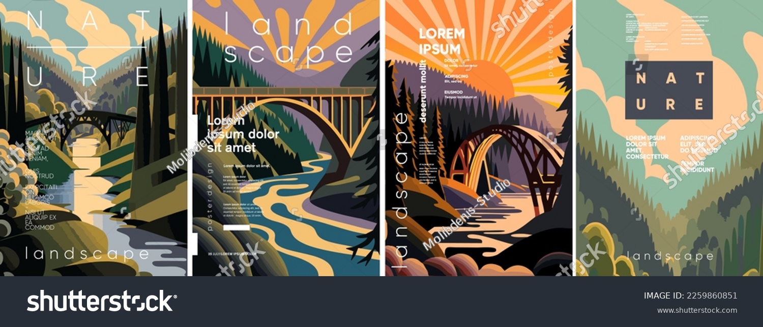 SVG of Nature, landscape, bridge. Set of vector illustrations. Flat design. Typography. Background for a poster, t-shirt or banner. svg