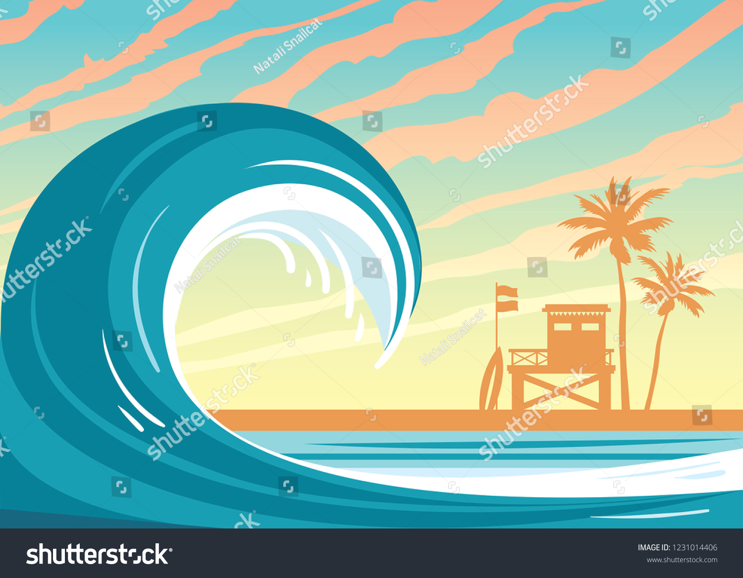 SVG of Nature landscape with big wave in a blue sea, silhouette of  lifeguard station, palm tree and sunset sky. Vector illustration. Summer holiday card. svg