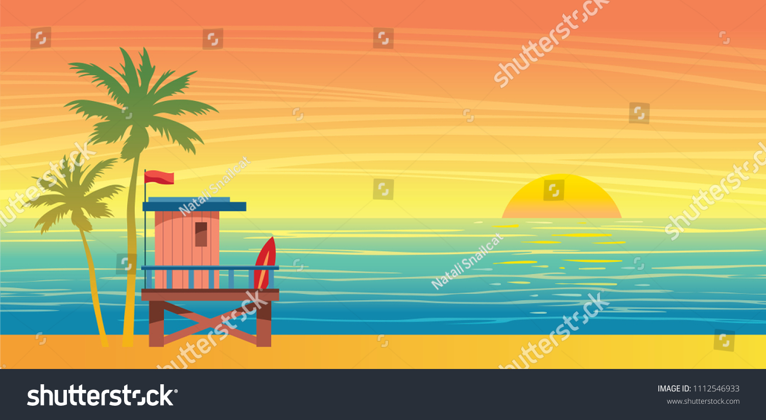SVG of Nature landscape with lifeguard station, palm tree and blue sea on a sunset sky. Vector summer illustration. svg