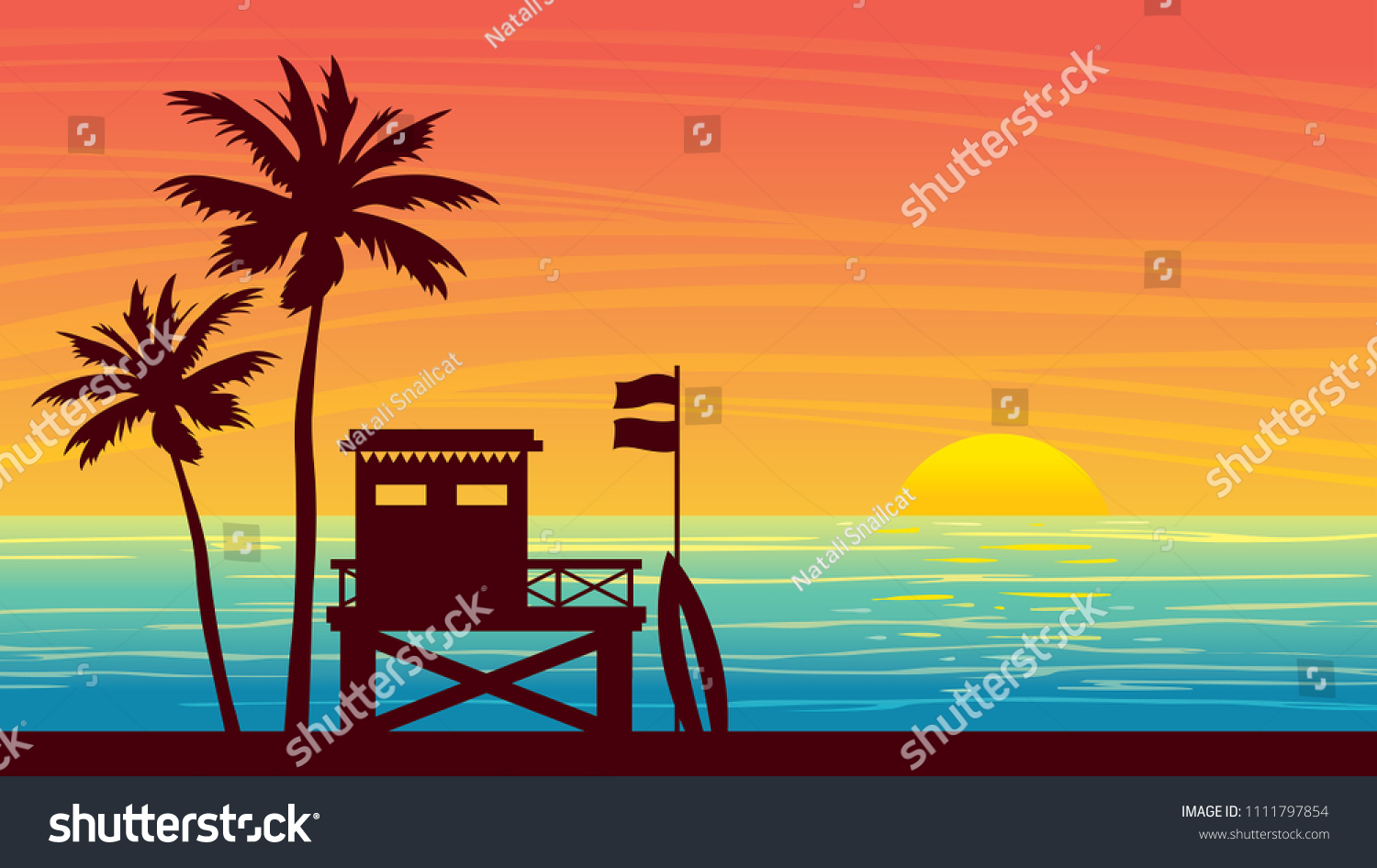 SVG of Nature landscape with silhouette of lifeguard station and palm tree on a sunset sky. Vector summer illustration.  svg