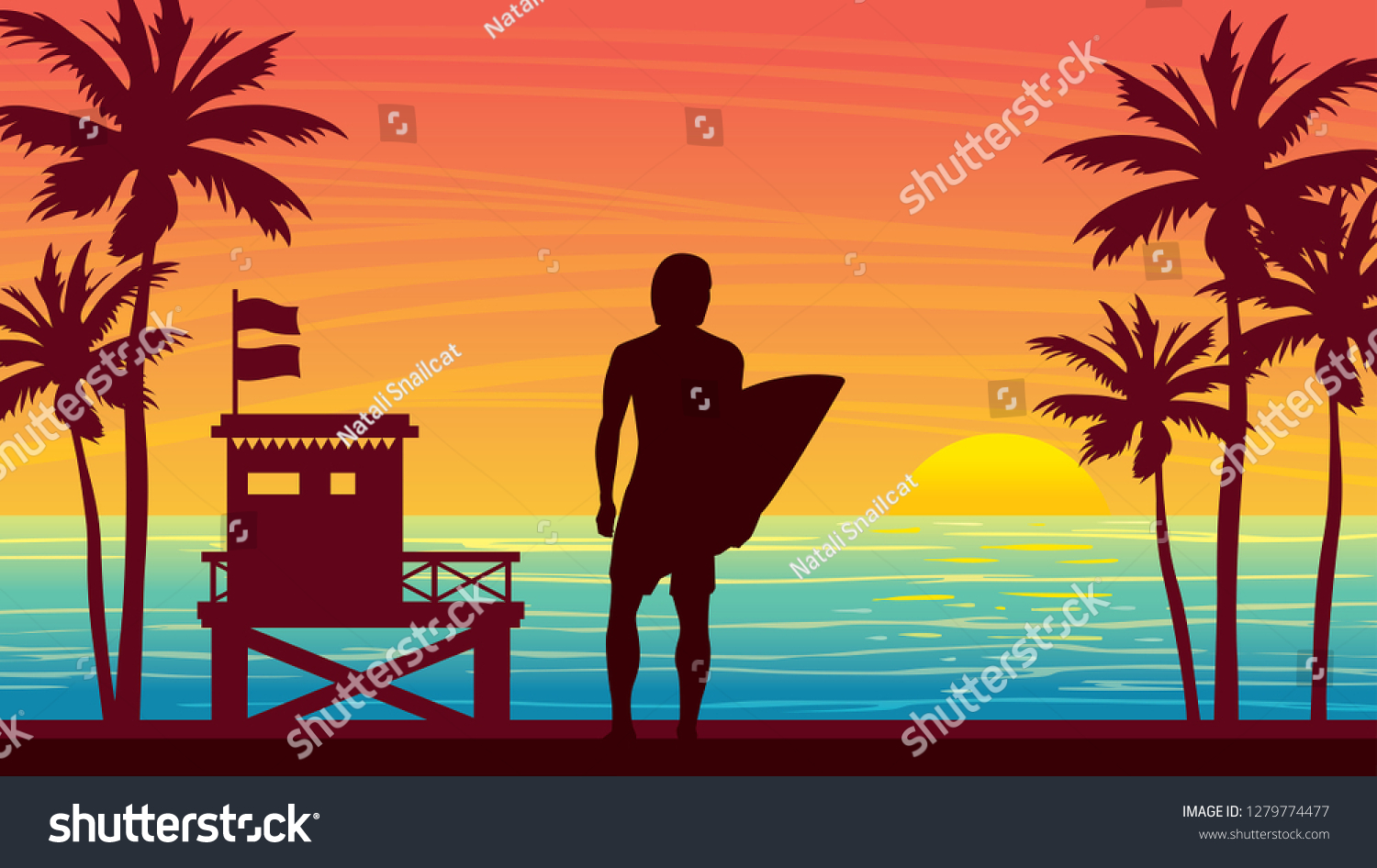 SVG of Nature landscape with silhouette of surfer, lifeguard station and palm tree on a sunset sky. Vector summer illustration. Water sport - surfing. svg