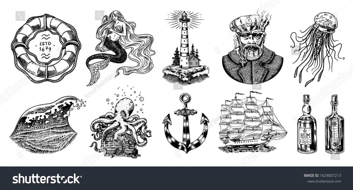 Nautical Adventure Set Sea Lighthouse Mermaid Stock Vector (Royalty ...