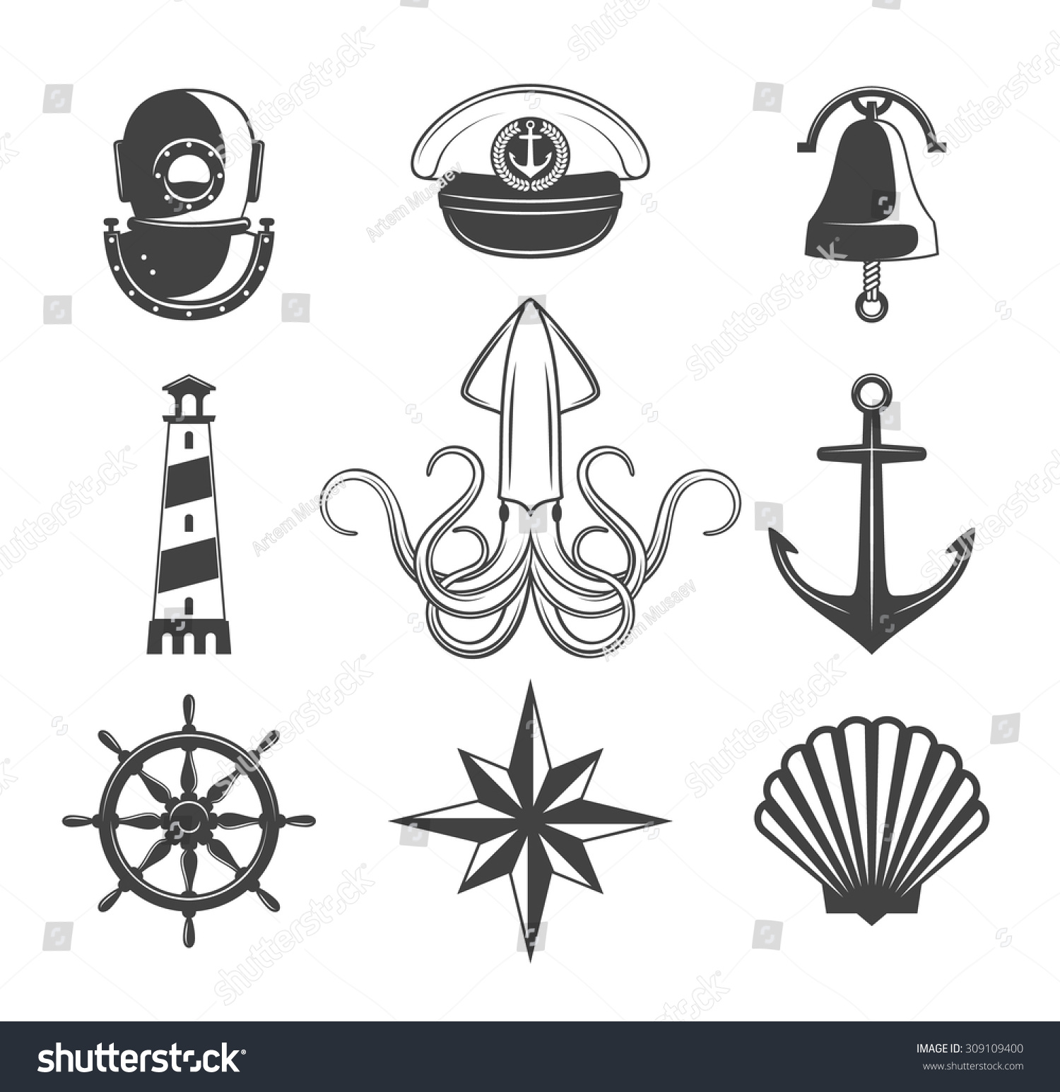 Naval Symbols Collection Black Icons Isolated Stock Vector 309109400 ...