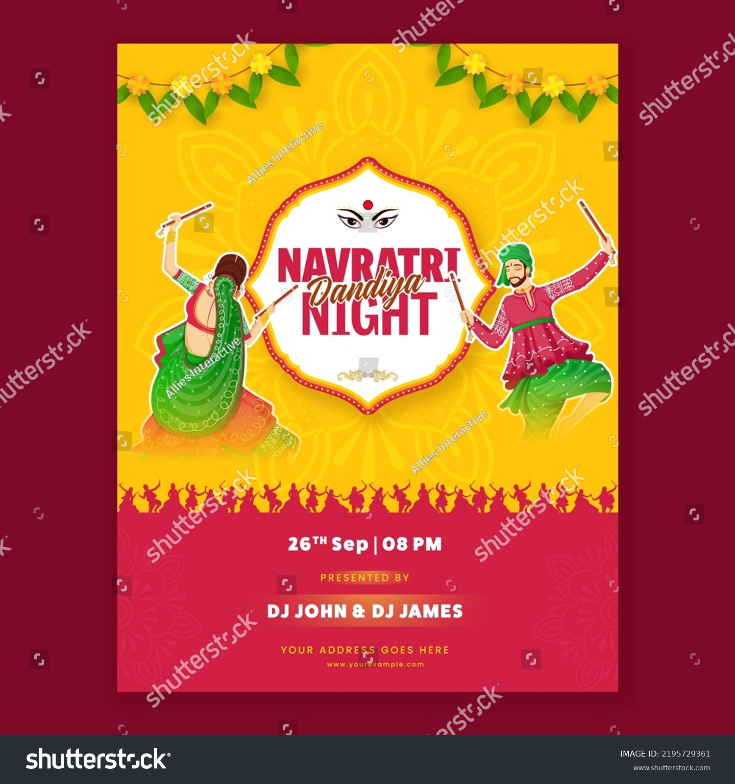 SVG of Navratri Dandiya Nights Party Invitation Card With Indian Couple Playing Dandiya In Sticker Style And Event Details. svg