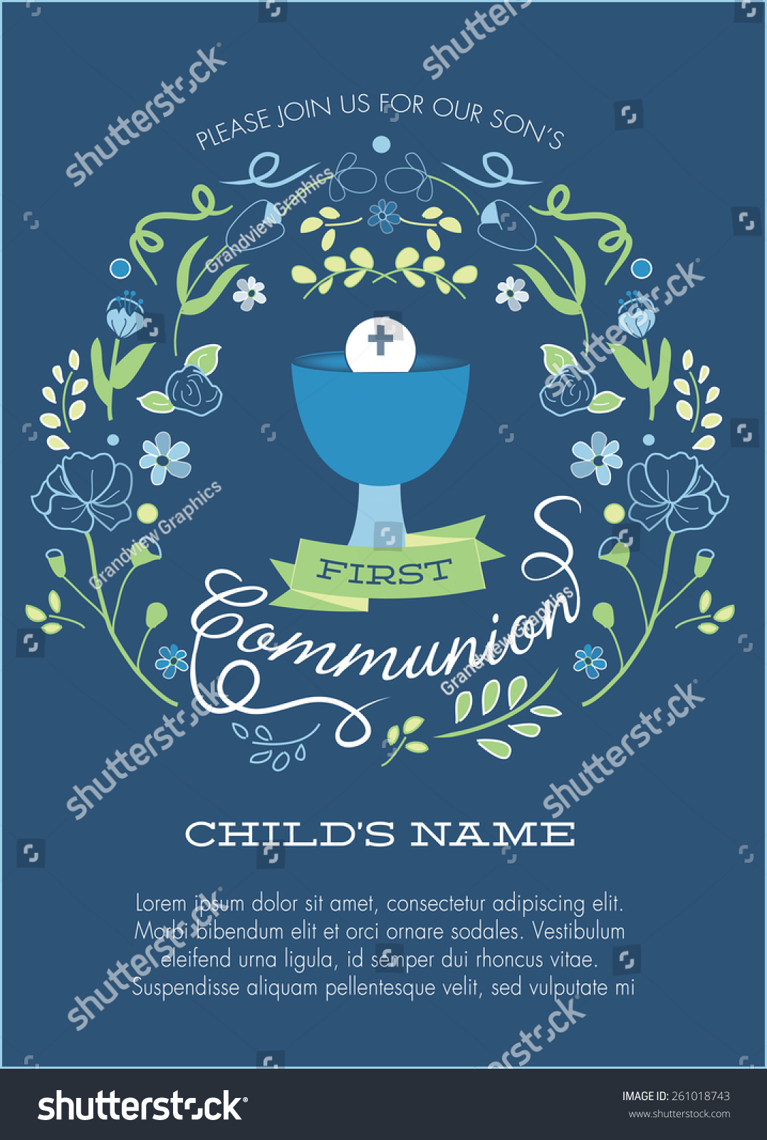 SVG of Navy Blue and Green Boy's First Holy Communion Invitation with Chalice and Flowers - Vector  svg