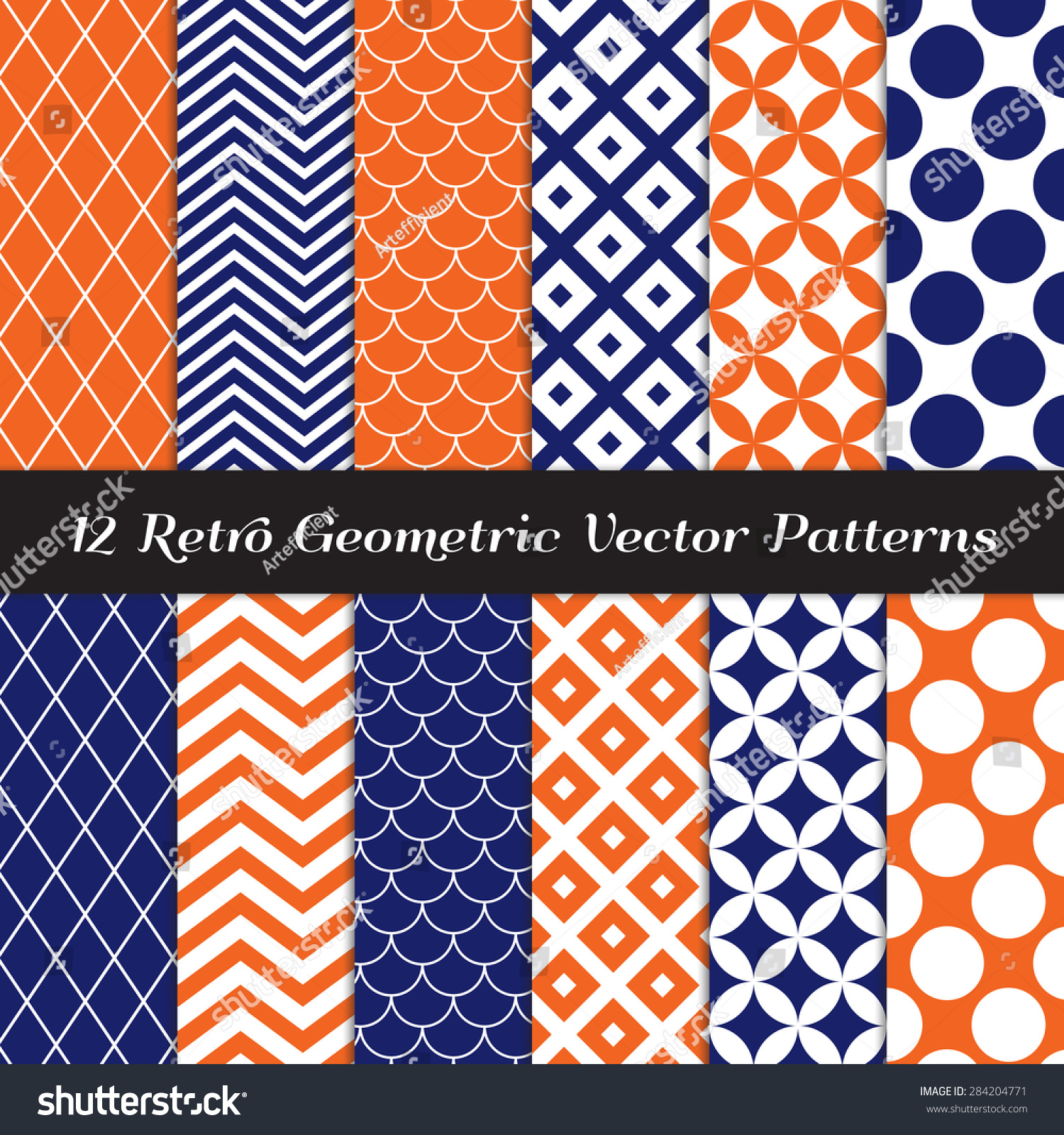 stock vector navy blue orange and white retro geometric patterns mod backgrounds in jumbo polka dot diamond 284204771