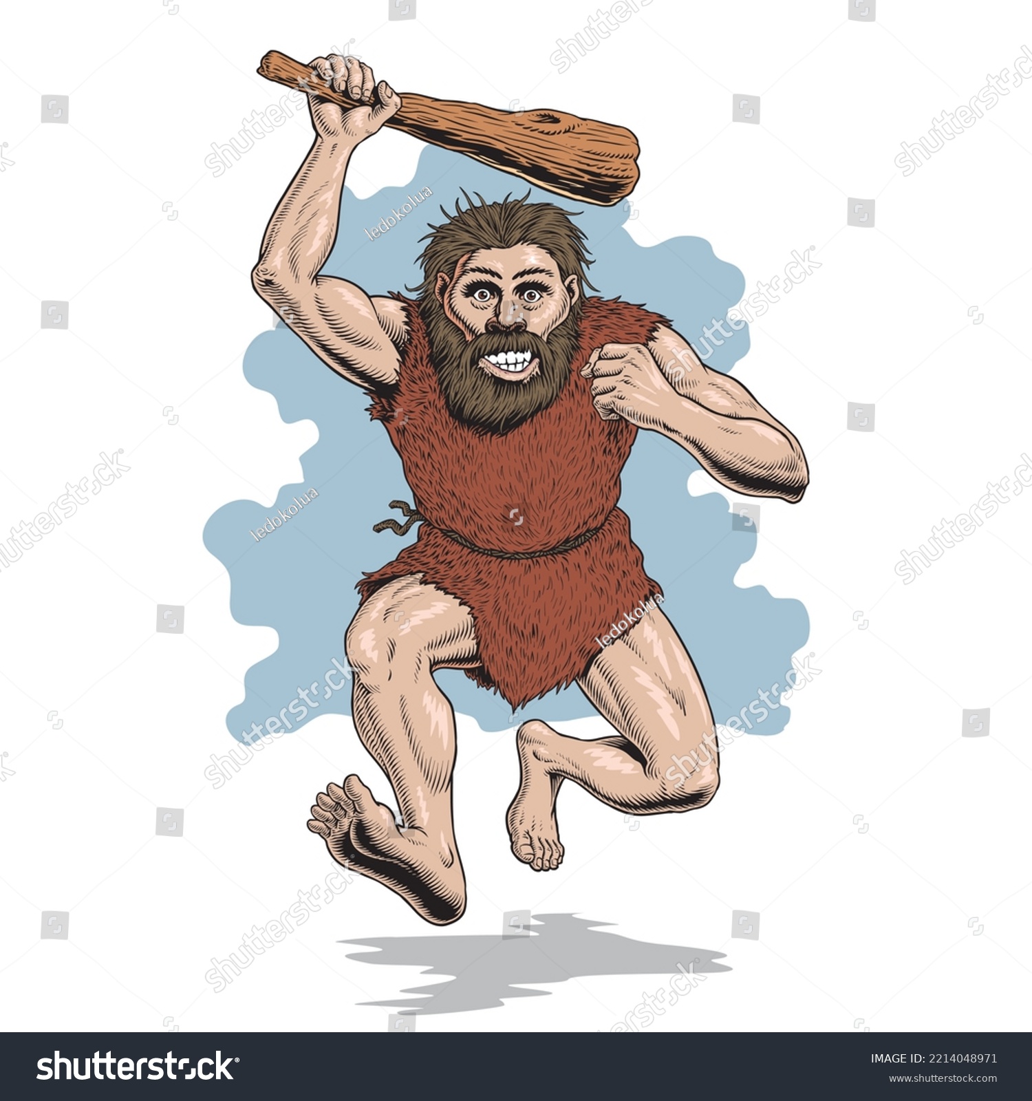 SVG of Neanderthal man, or cro-magnon running with cudgel. Bearded prehistoric savage in animal skin comic style vector illustration. svg