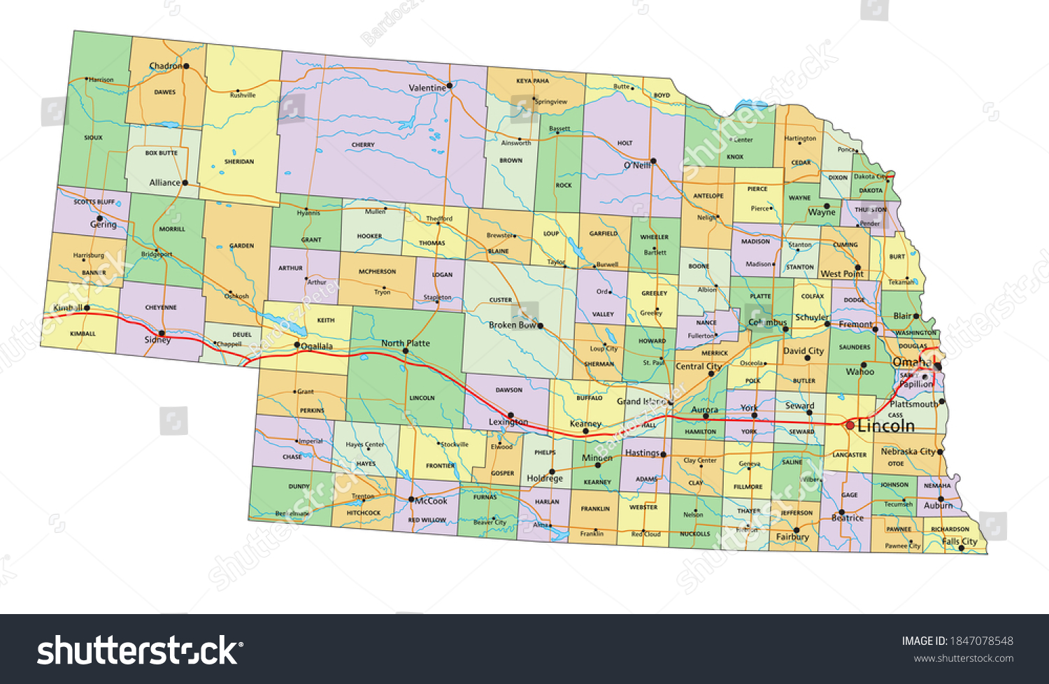 Nebraska Highly Detailed Editable Political Map Stock Vector Royalty   Stock Vector Nebraska Highly Detailed Editable Political Map With Labeling 1847078548 