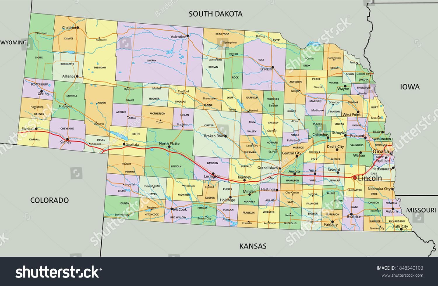 Nebraska Highly Detailed Editable Political Map   Stock Vector Nebraska Highly Detailed Editable Political Map With Labeling 1848540103 