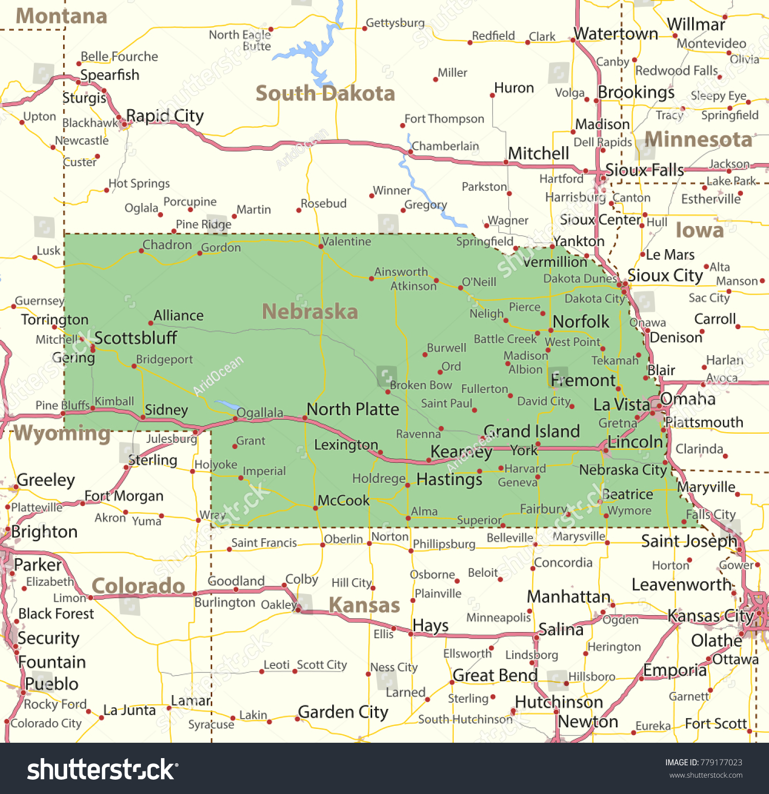 Nebraska Map Shows State Borders Urban Stock Vector (Royalty Free ...