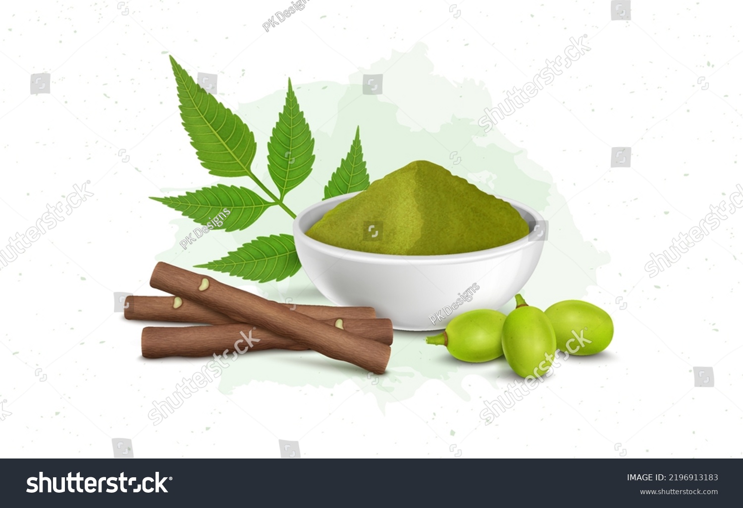 SVG of Neem powder vector illustration with neem chew sticks and fruits svg