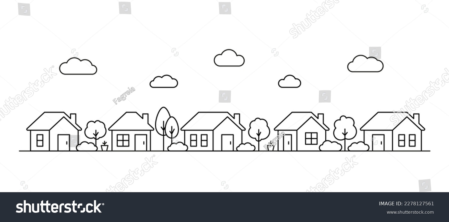 SVG of Neighborhood small house, line art. Street building, real estate architecture, apartment. Facade home in country city landscape. Vector outline illustration svg