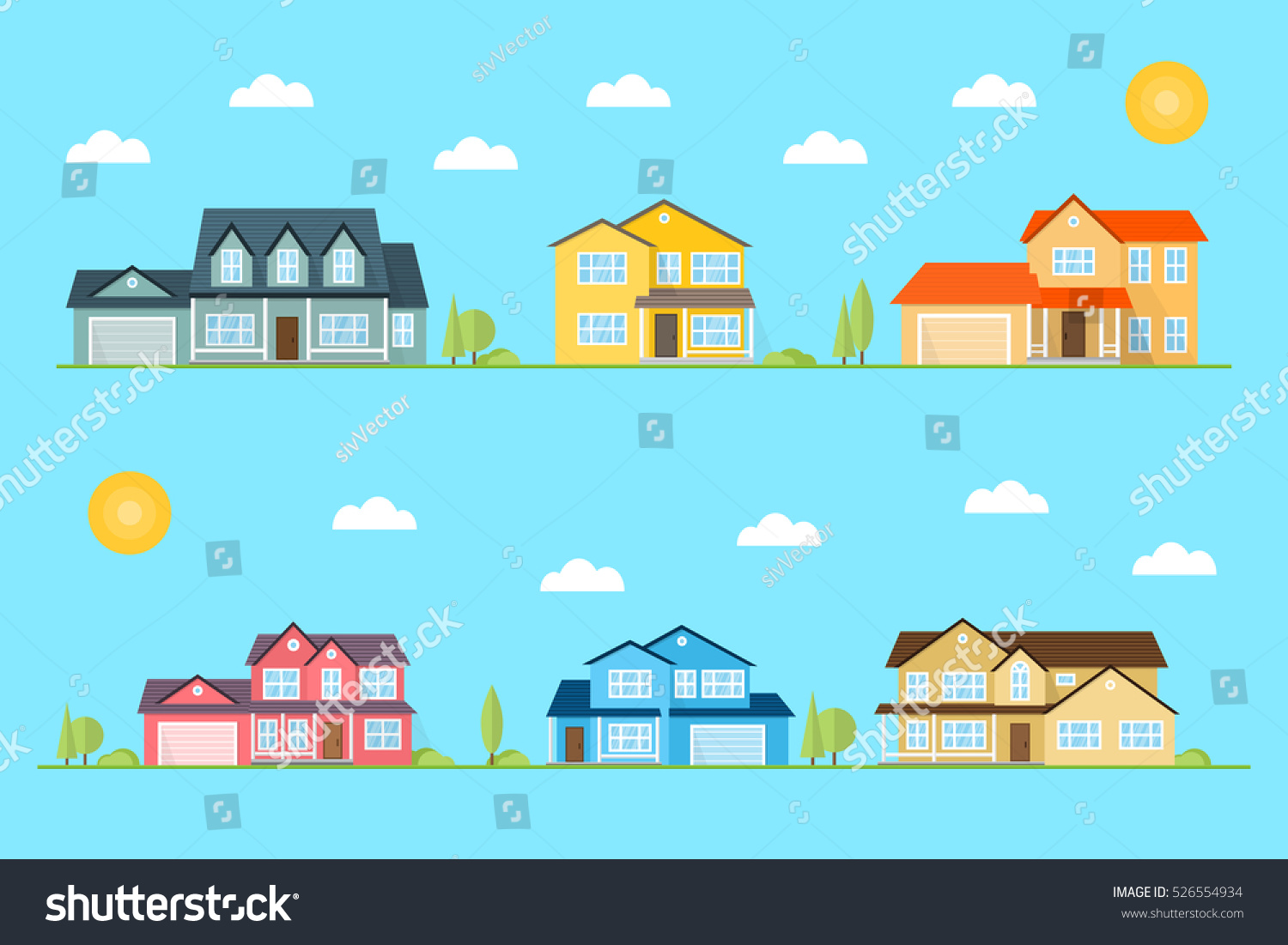 Neighborhood Homes Illustrated On Blue Background Stock Vector ...