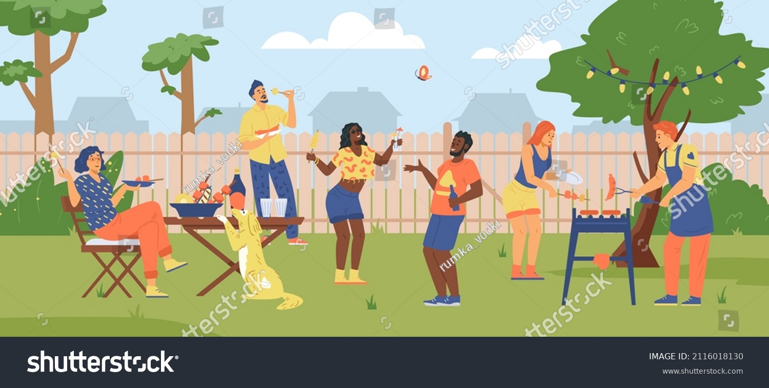 SVG of Neighbors and friends have barbecue party outside at the backyard on summer day. People cook and eat grill food on the sticks, drink and spend time together at the garden with fence on the background. svg