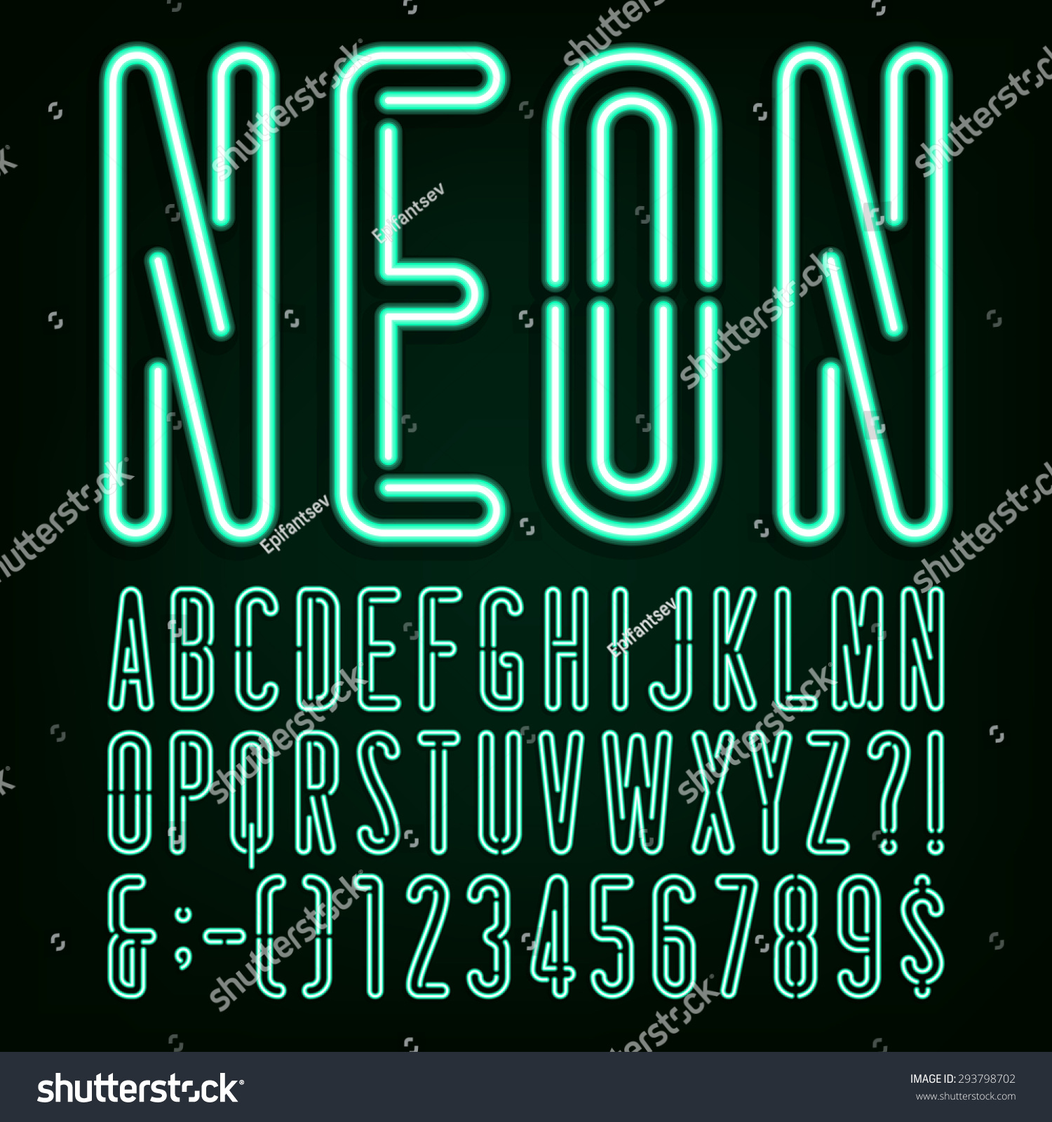 Neon Green Light Alphabet Font. Narrow Type Letters, Numbers And ...