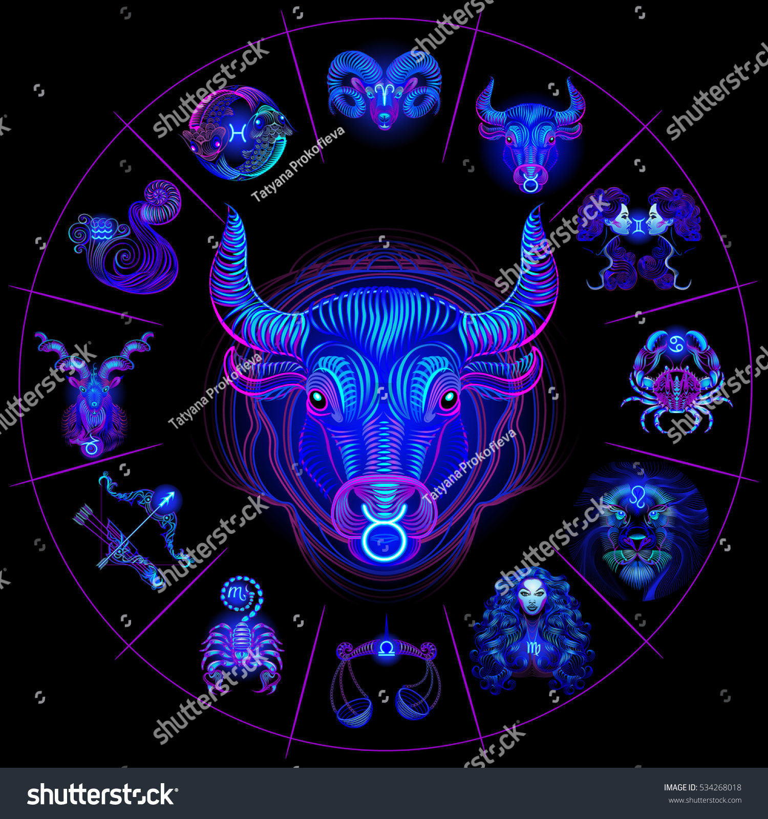 Neon Horoscope Circle Signs Zodiac Set Stock Vector (Royalty Free ...