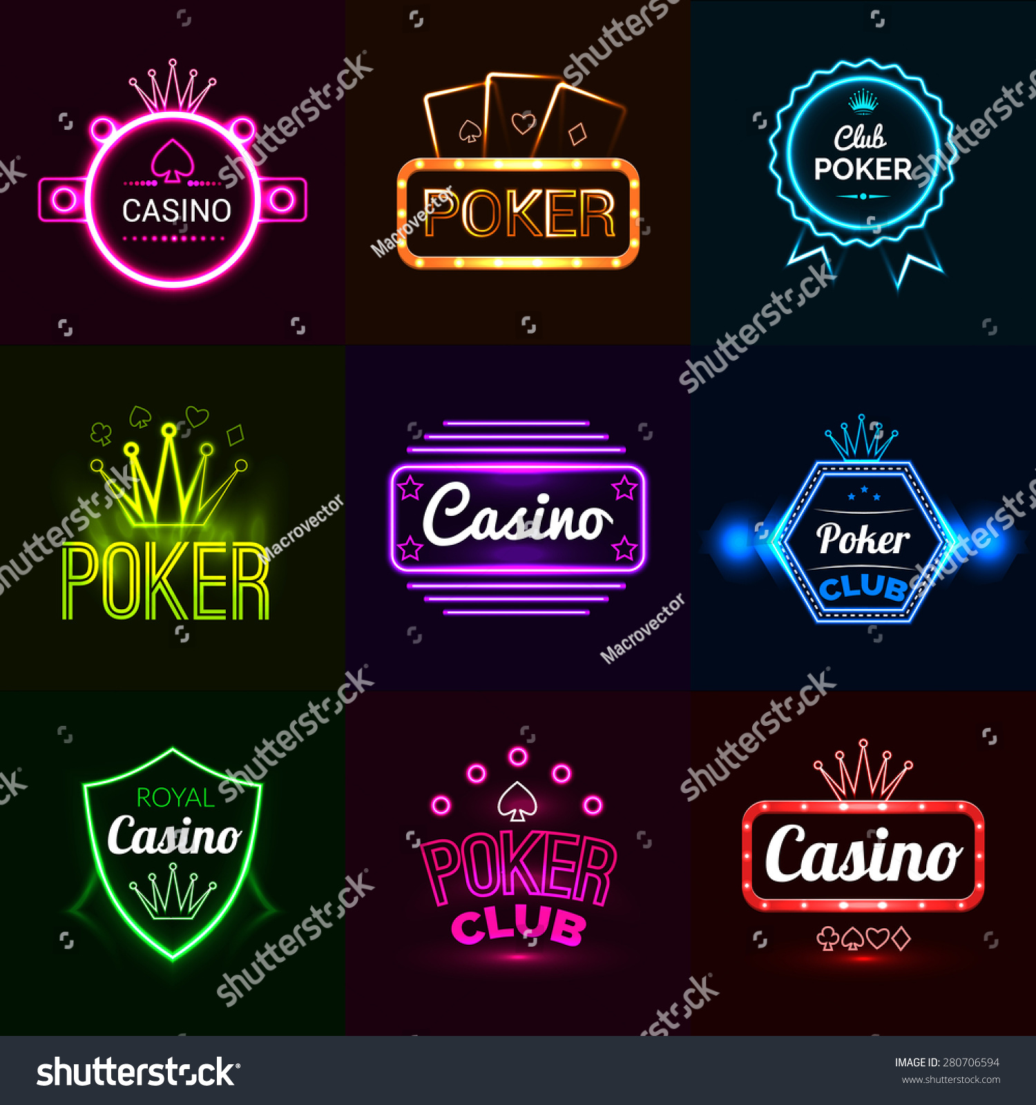 Neon Light Poker Club And Casino Emblems Set Isolated Vector ...