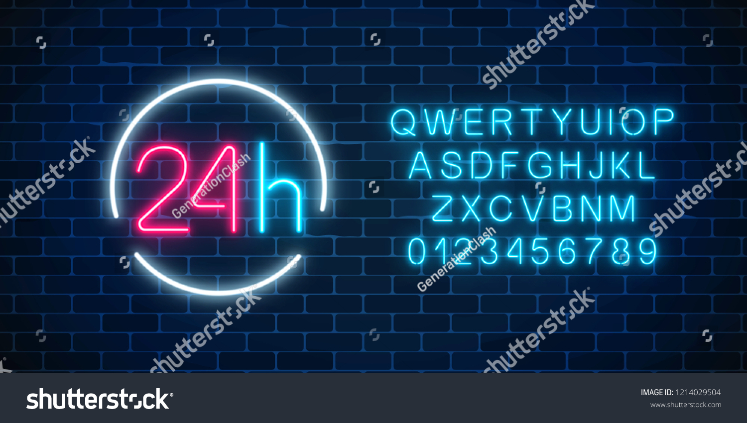 SVG of Neon open 24 hours sign in circle frame with alphabet on a brick wall background. Round the clock working bar or store signboard with lettering. Vector illustration. svg