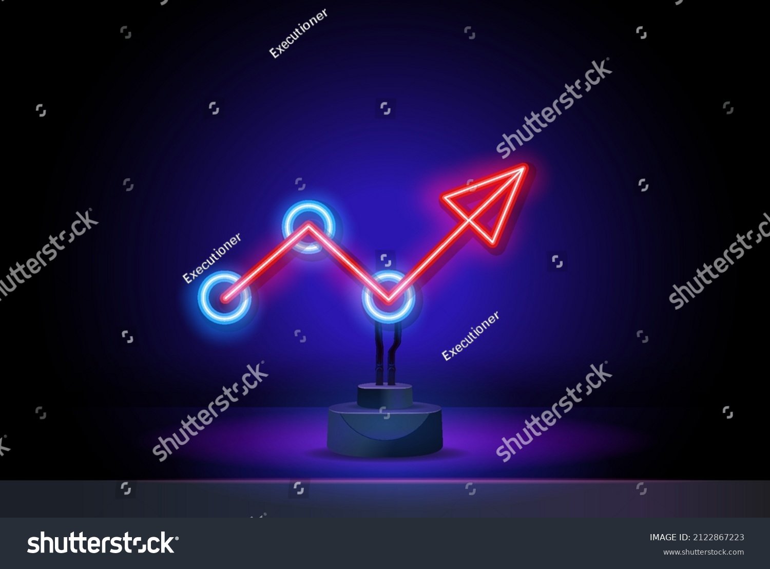 SVG of Neon red upward moving arrow graphic. Success-Idea phase. Neon arrow sign up graphic. Realistic neon icon. Linear icon on blue background. svg