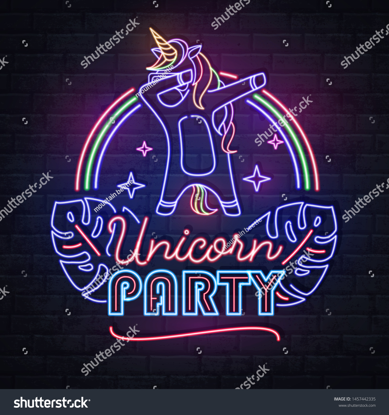 SVG of Neon sign dabbing unicorn with rainbow. Vintage electric signboard. svg