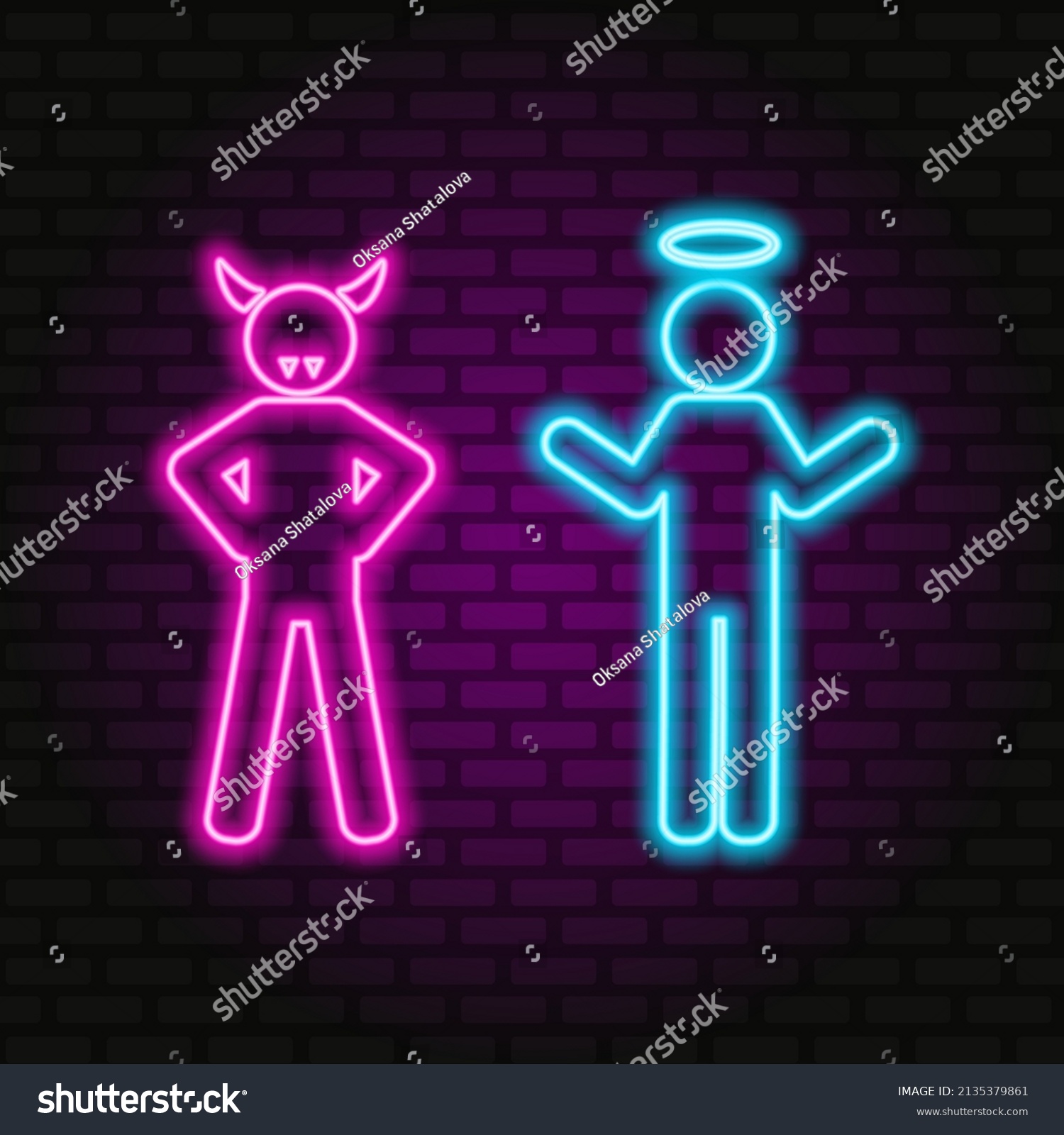 SVG of Neon silhouettes of people on a white background. Angel and demon. Good and evil. Vector illustration. svg