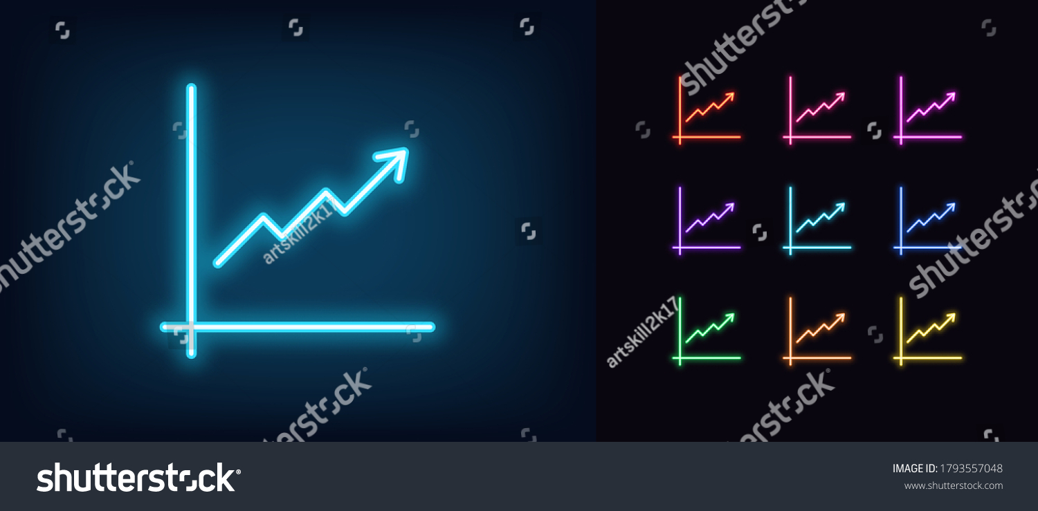 SVG of Neon upward chart icon. Glowing neon growth chart sign, up arrow in vivid colors. Financial forecast, enhance results, growing trend. Bright icon set, sign, symbol for UI design. Vector illustration svg