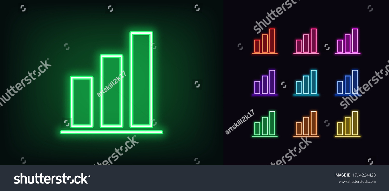 SVG of Neon upward graph icon. Glowing neon growth diagram sign, up bar chart in vivid colors. Financial forecast, enhance results, growing trend. Bright icon set, sign, symbol for UI. Vector illustration svg