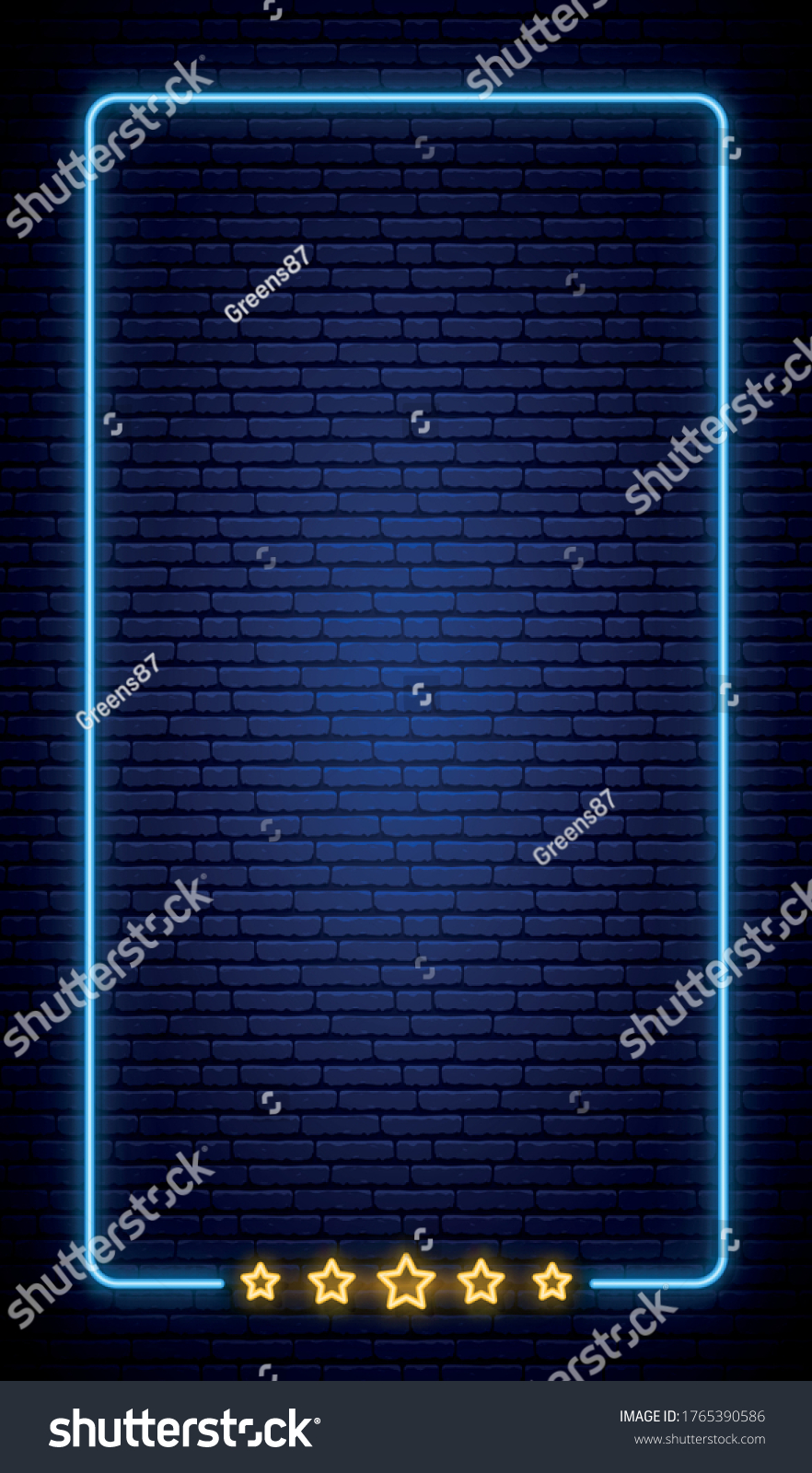 SVG of Neon vertical frame banner on brick wall. Realistic neon frame with five stars. Star rating. Vector neon design template. svg