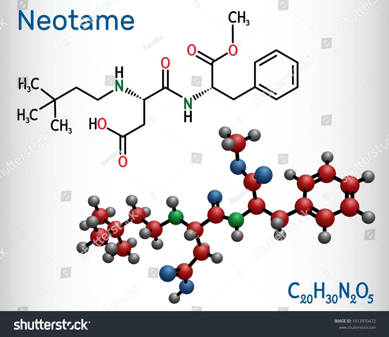 SVG of Neotame, sweetening agent, E961 molecule. It is dipeptide, artificial sweetener, aspartame analog. Structural chemical formula, molecule model. Vector illustration svg