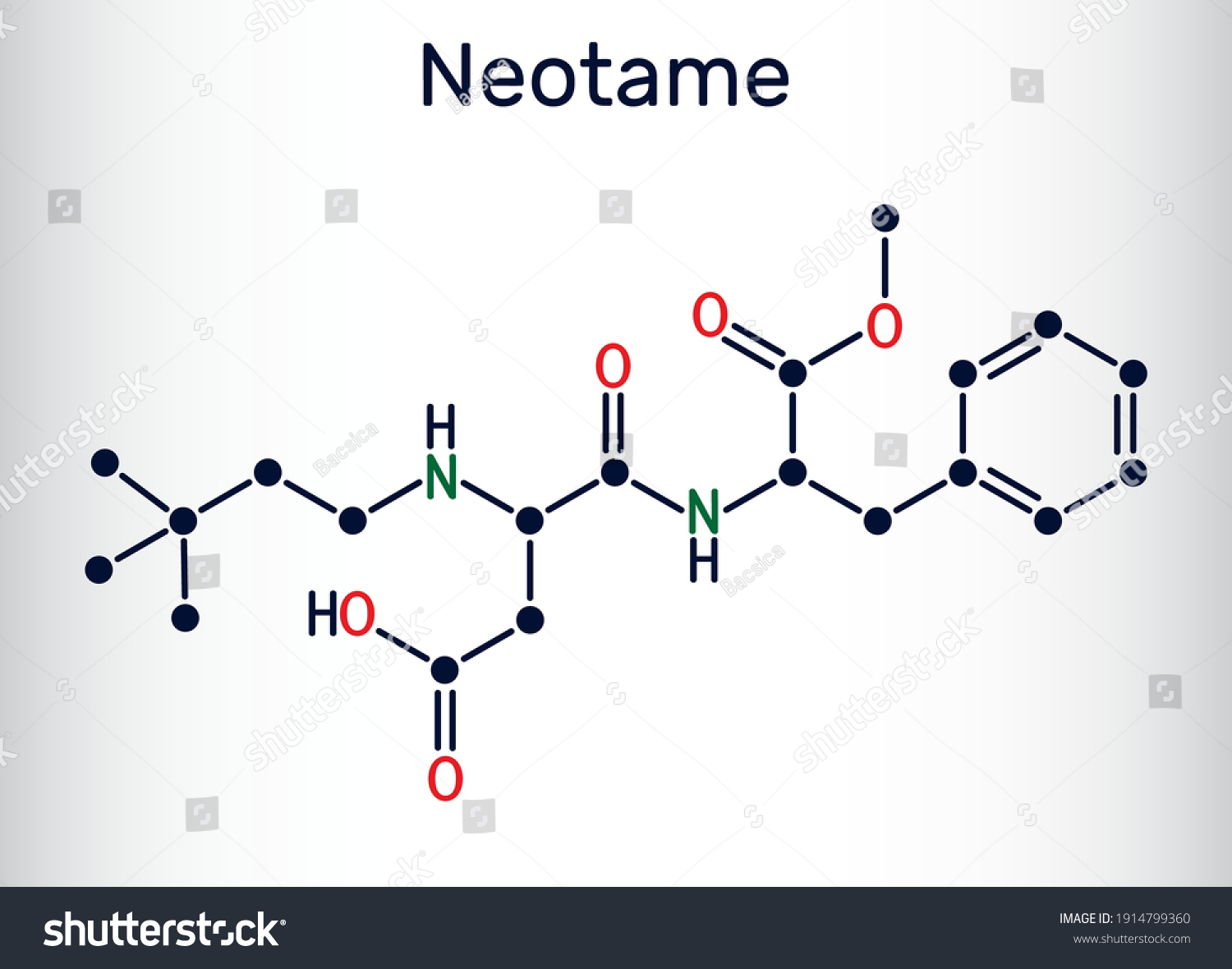 SVG of Neotame, sweetening agent, E961 molecule. It is dipeptide, artificial sweetener, aspartame analog. Skeletal chemical formula. Vector illustration svg