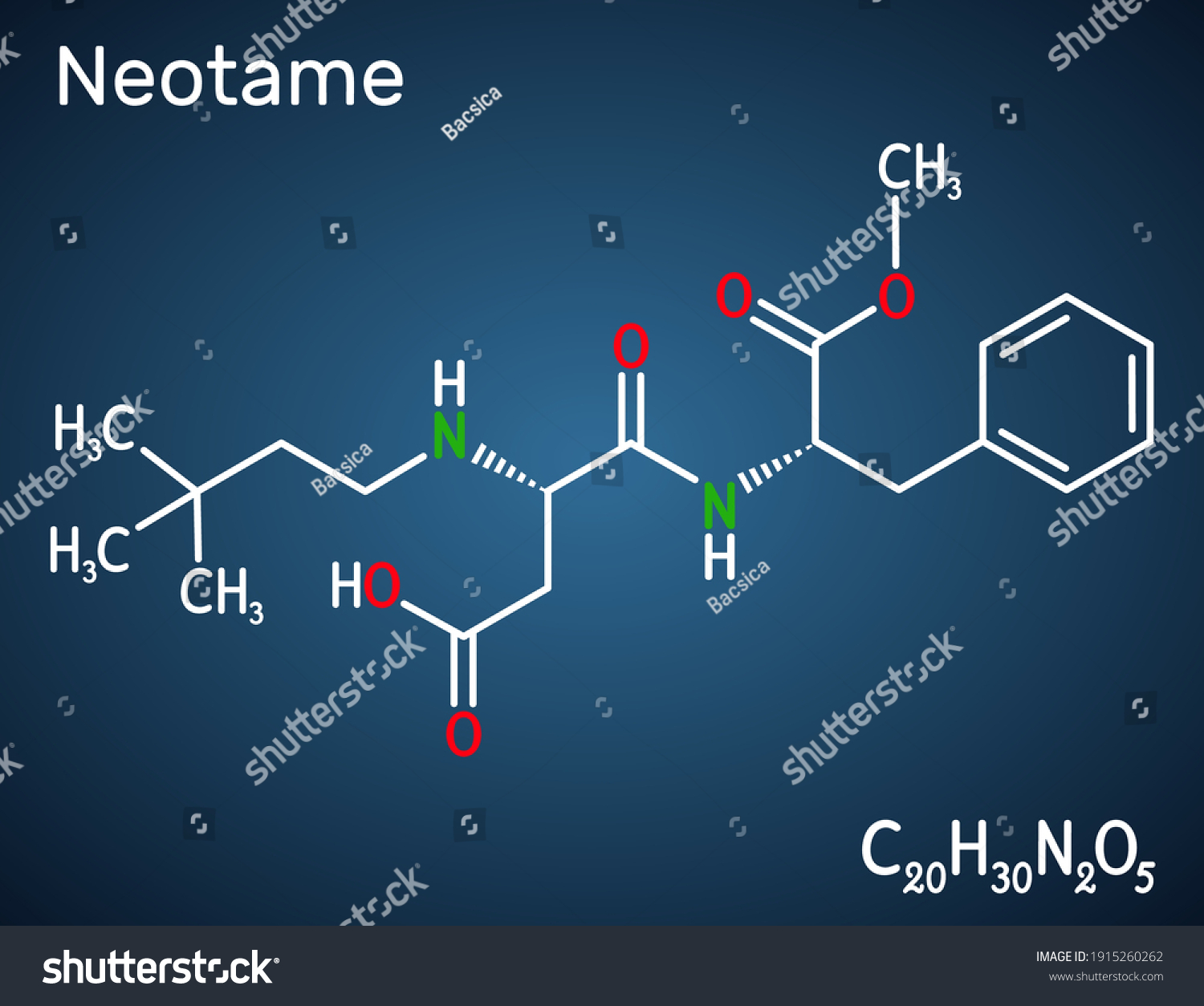 SVG of Neotame, sweetening agent, E961molecule. It is dipeptide with peptide linkage, artificial sweetener, aspartame analog. Structural chemical formula on the dark blue background. Vector illustration svg
