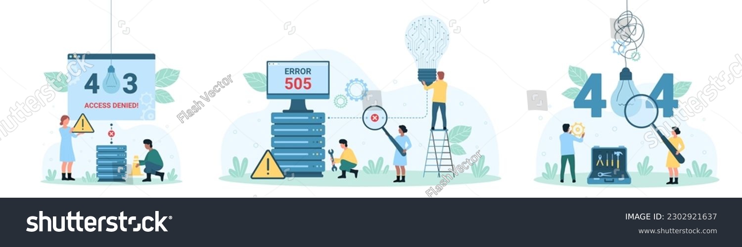 SVG of Network error set vector illustration. Cartoon tiny people from tech support service holding light bulb, magnifying glass and warning message about 403 access denied, server error 505 and 404 svg