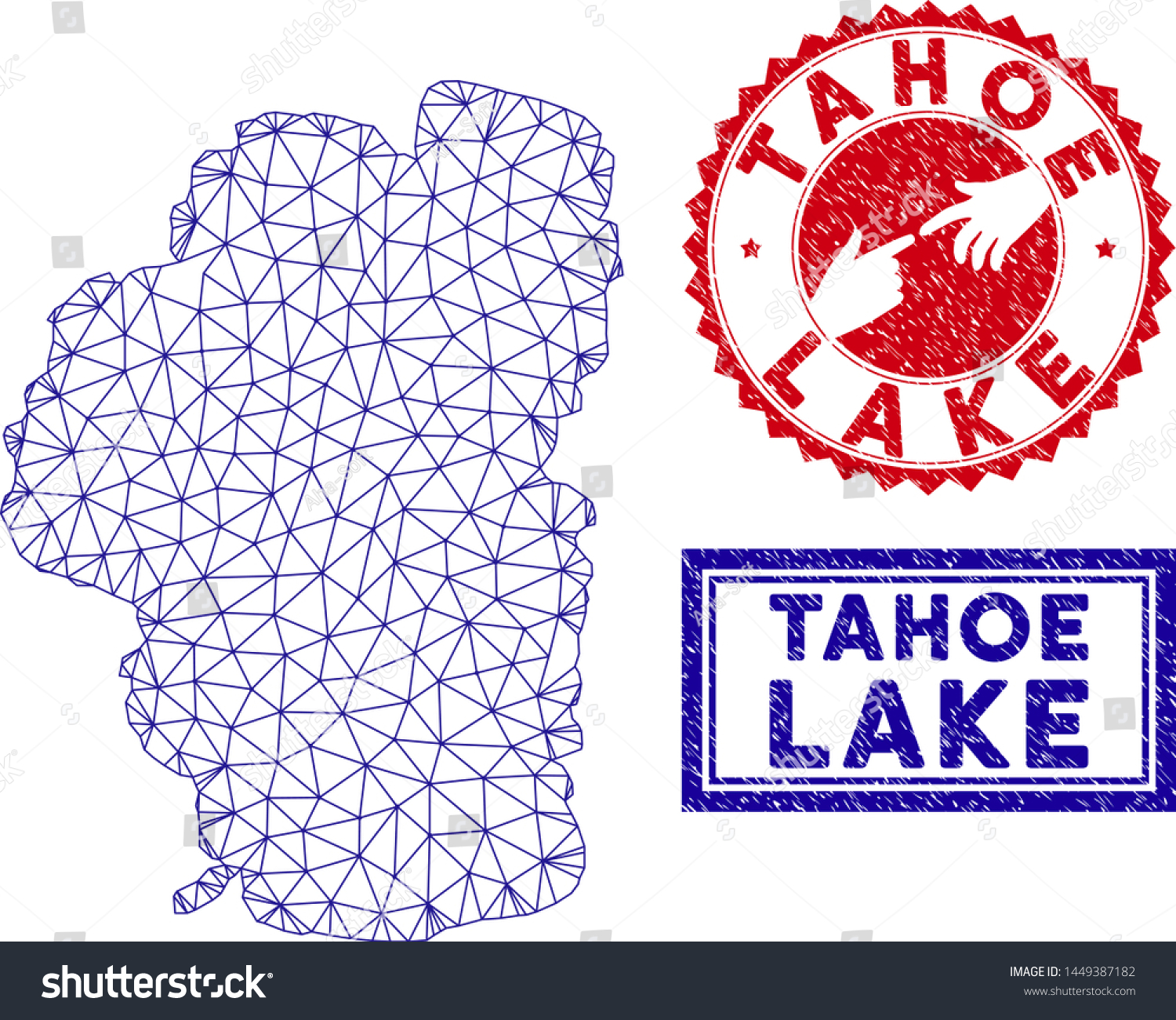 SVG of Network polygonal Tahoe Lake map and grunge seal stamps. Abstract lines and small circles form Tahoe Lake map vector model. Round red stamp with connecting hands. svg