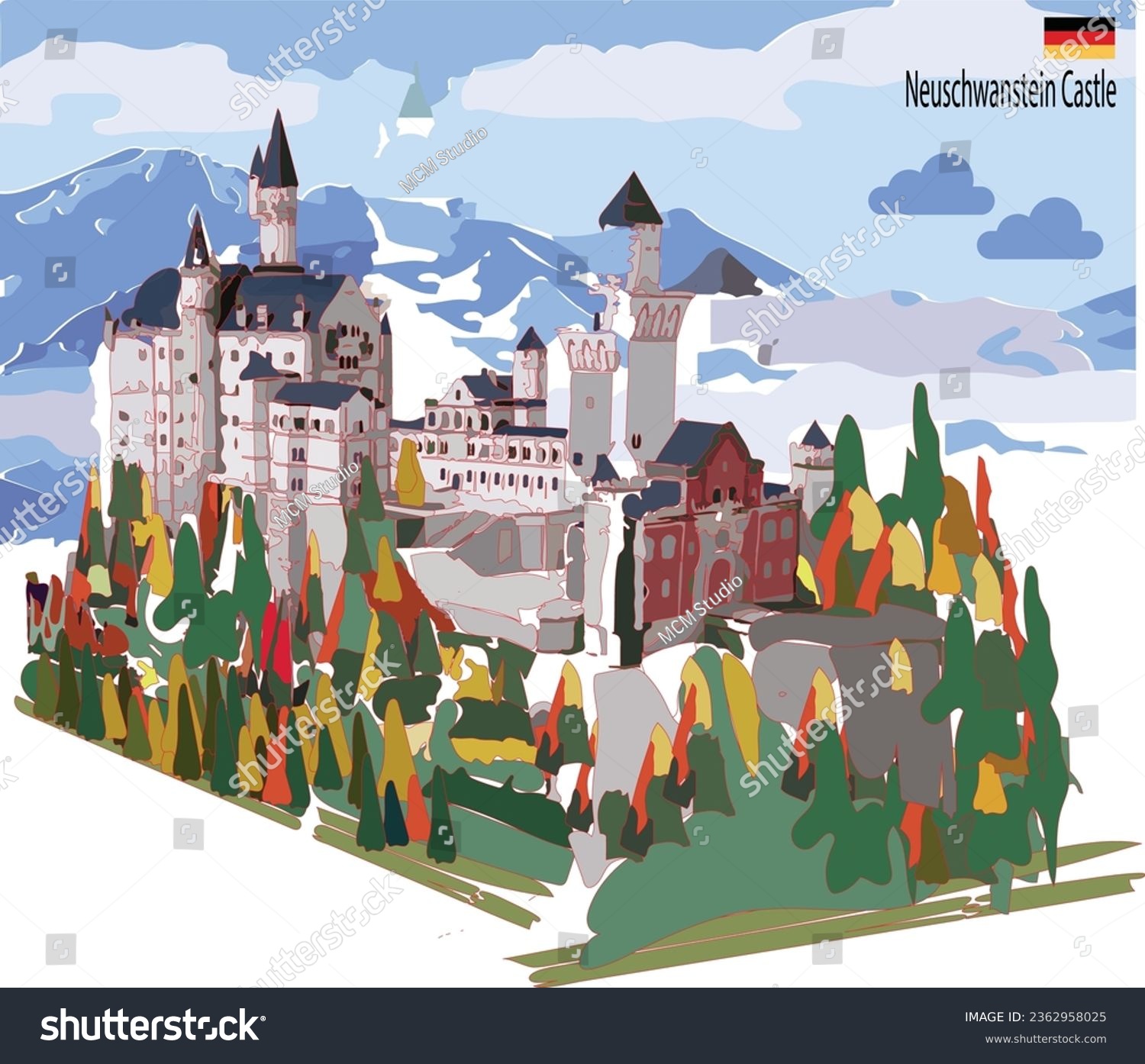 SVG of Neuschwanstein castle in germany with view of buildings, trees and mountains in vector svg
