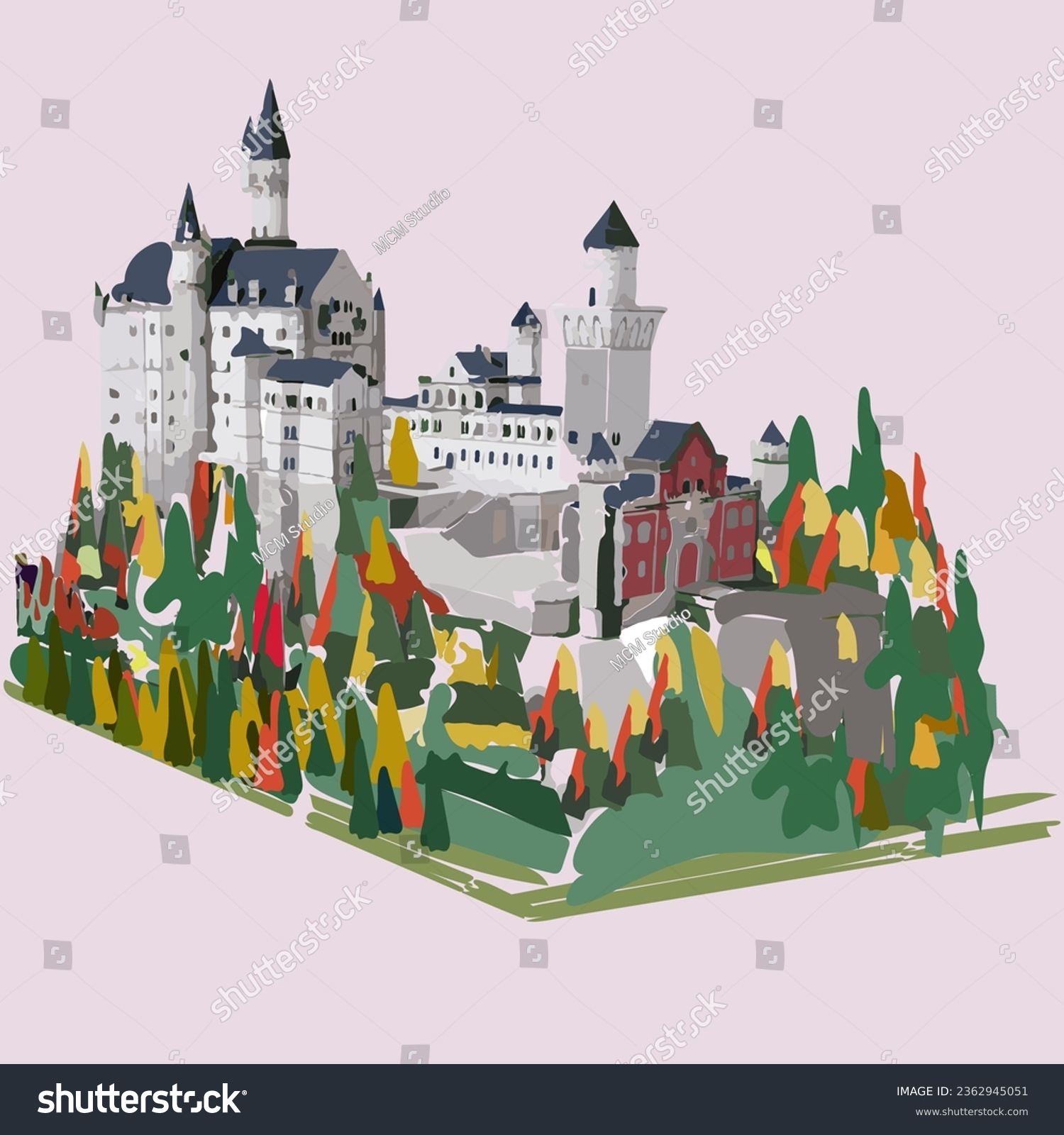 SVG of Neuschwanstein castle in Germany with view of buildings, trees and no mountains in full color vector with background pink svg