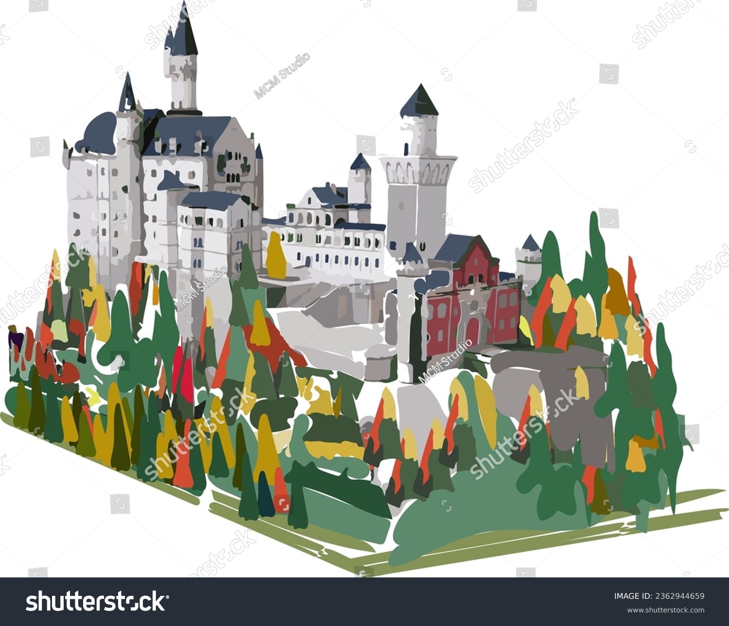 SVG of Neuschwanstein castle in Germany with view of buildings, trees and no mountains in full color vector svg