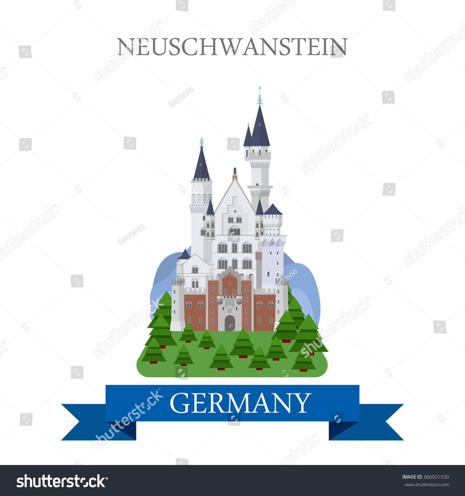SVG of Neuschwanstein Castle Schloss New Swanstone Castle in Bavaria Germany. Flat cartoon style historic sight web site vector illustration. World countries cities vacation travel sightseeing collection svg