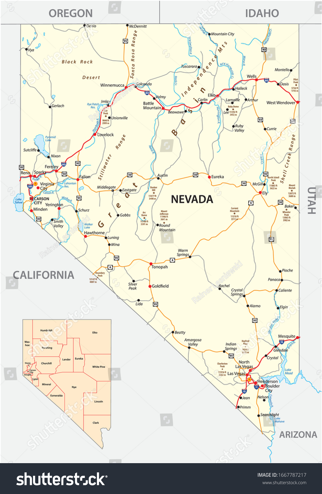 SVG of Nevada road and administrative map with interstate US highways and main roads svg