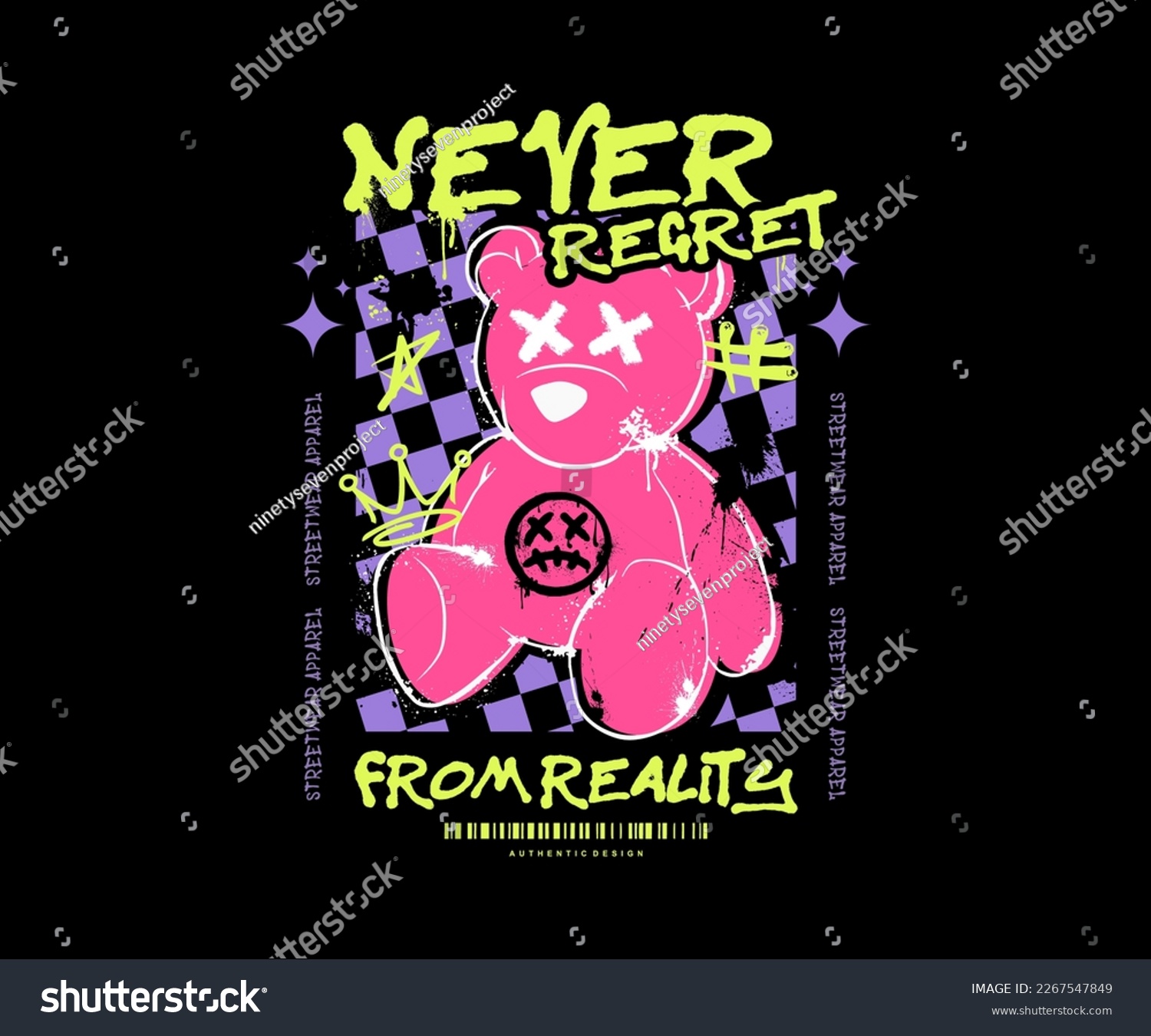 SVG of never regret slogan print design with teddy bear sitting illustration in graffiti street art style, for streetwear and urban style t-shirts design, hoodies, etc. svg