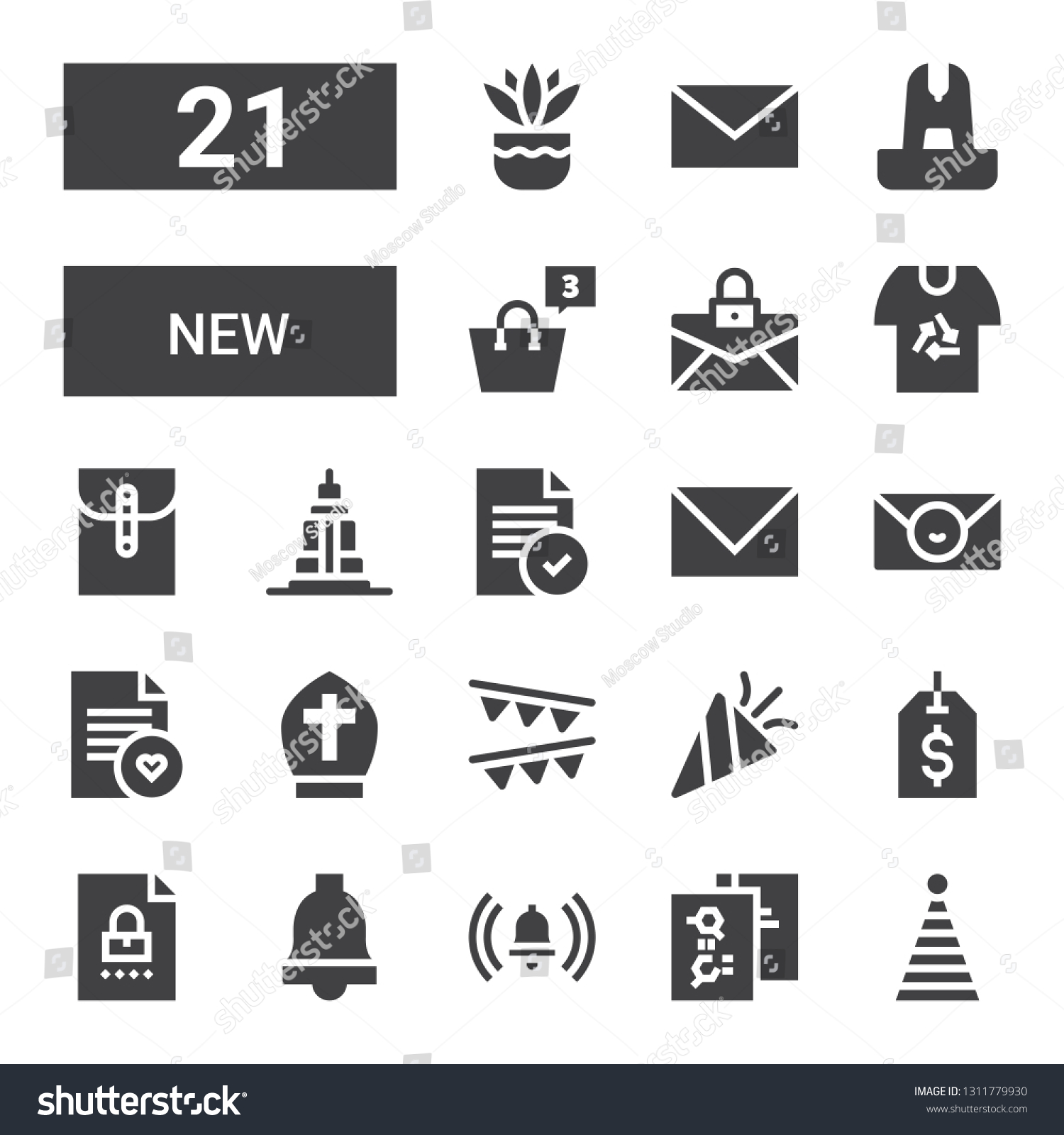 SVG of new icon set. Collection of 21 filled new icons included Party hat, File, Notification, Label, Confetti, Garlands, Pope, Email, Empire state, Mail, Shirt, Shopping bag, Fountain svg