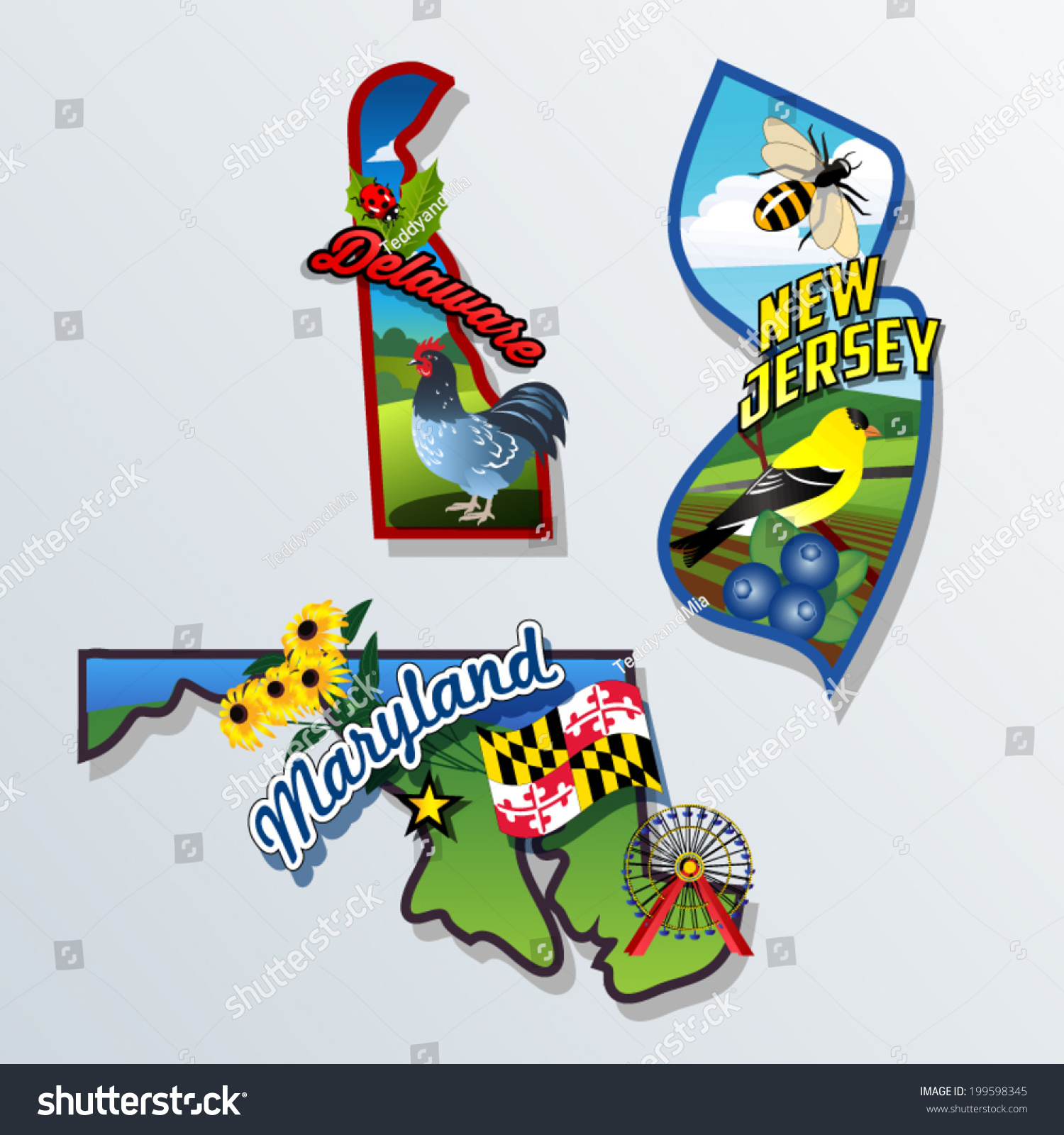 SVG of New Jersey, Delaware, Maryland retro state facts Illustrations svg