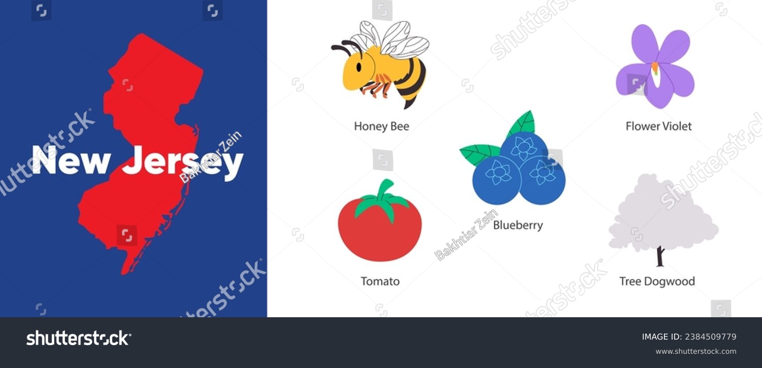 SVG of New Jersey states with symbol icon of northern highbush blueberry tomato violet flower dogwood tree and honey bee illustration svg